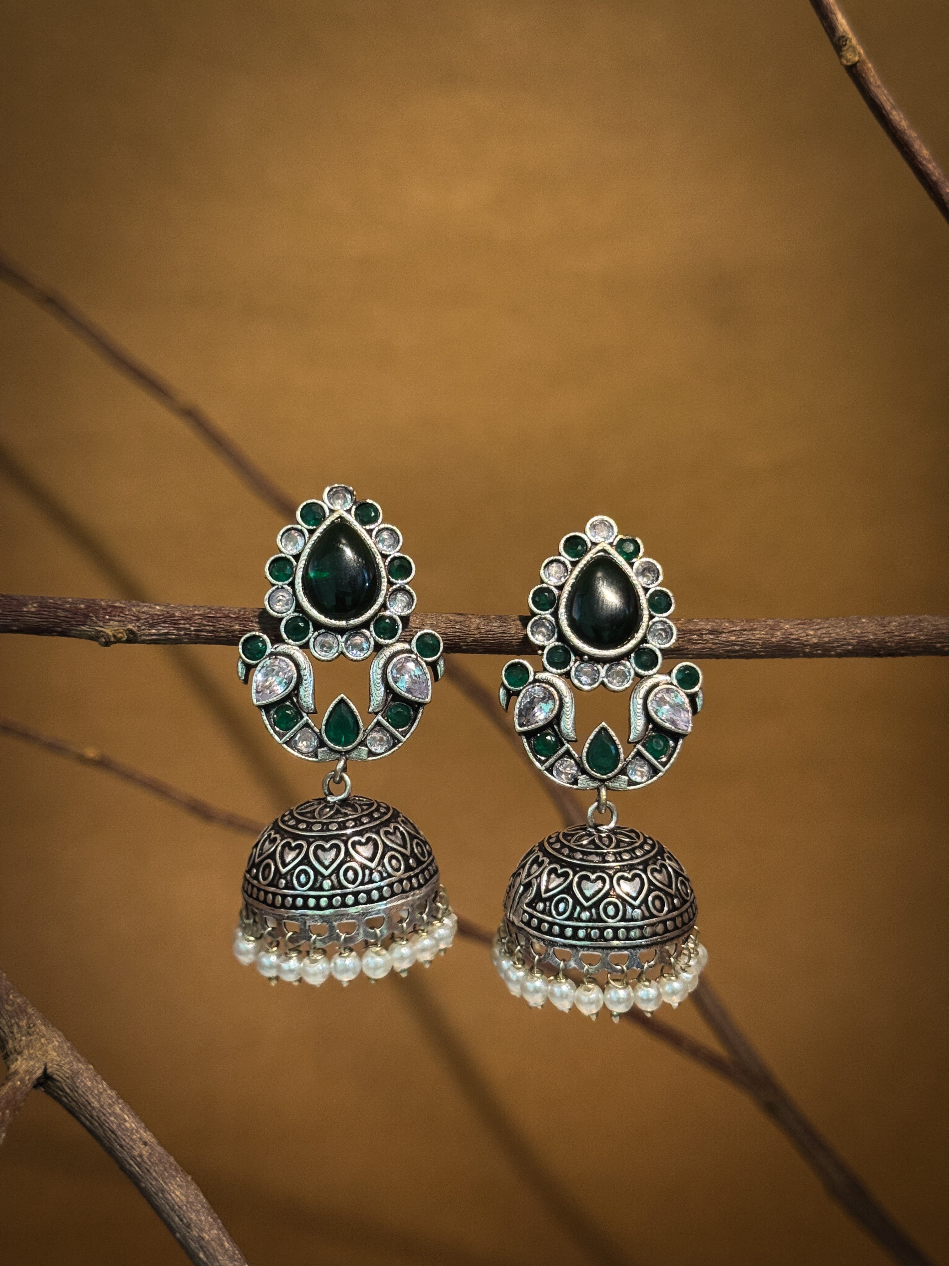 RUHANI BLUSH OXIDISED JHUMKA EARRINGS