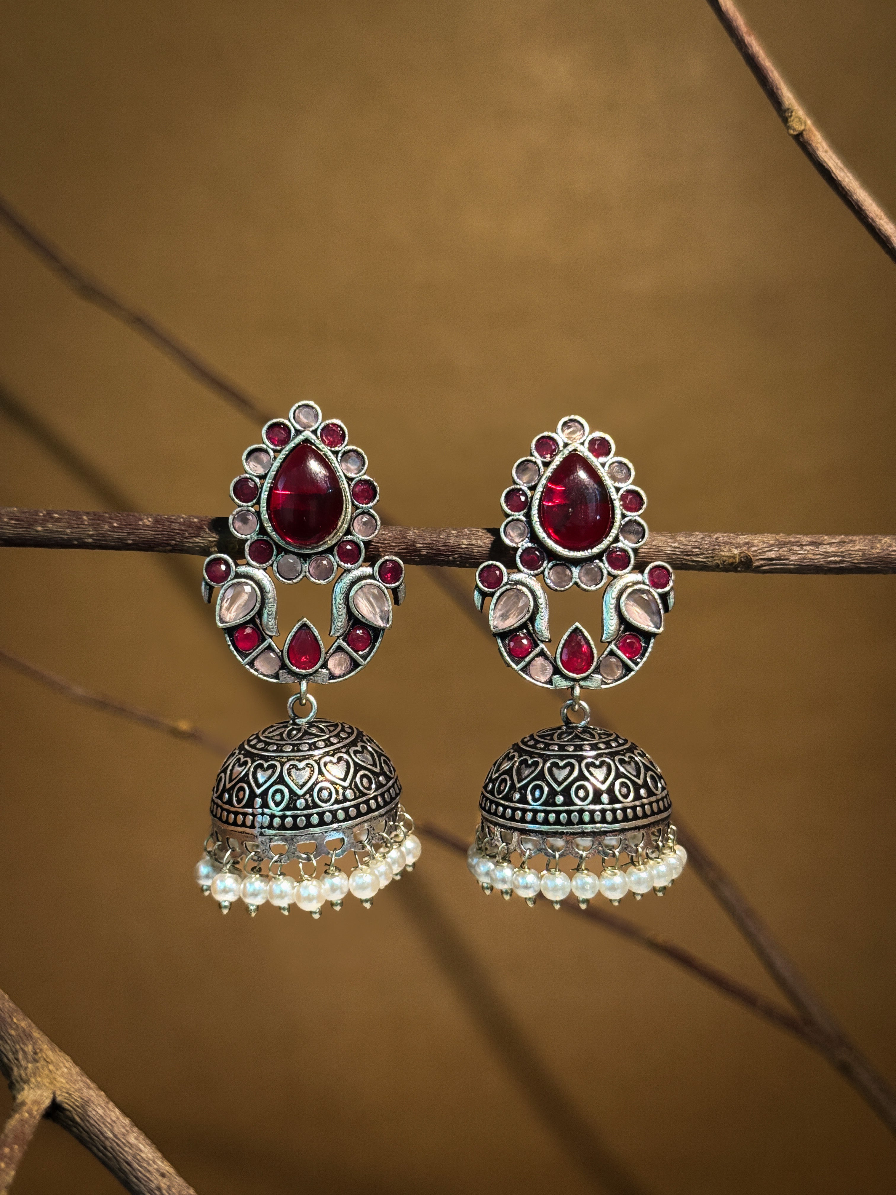 RUHANI BLUSH OXIDISED JHUMKA EARRINGS