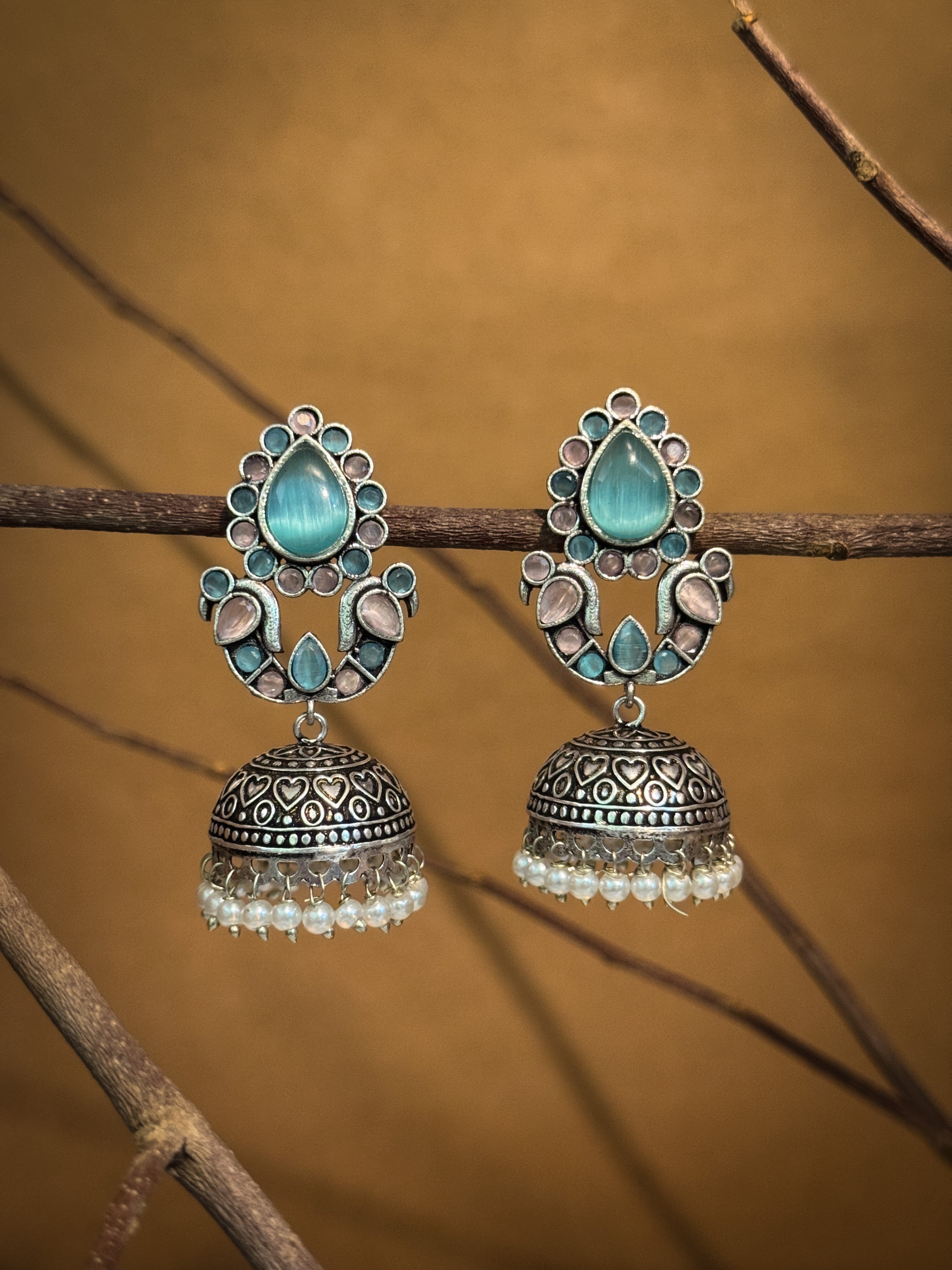 RUHANI BLUSH OXIDISED JHUMKA EARRINGS
