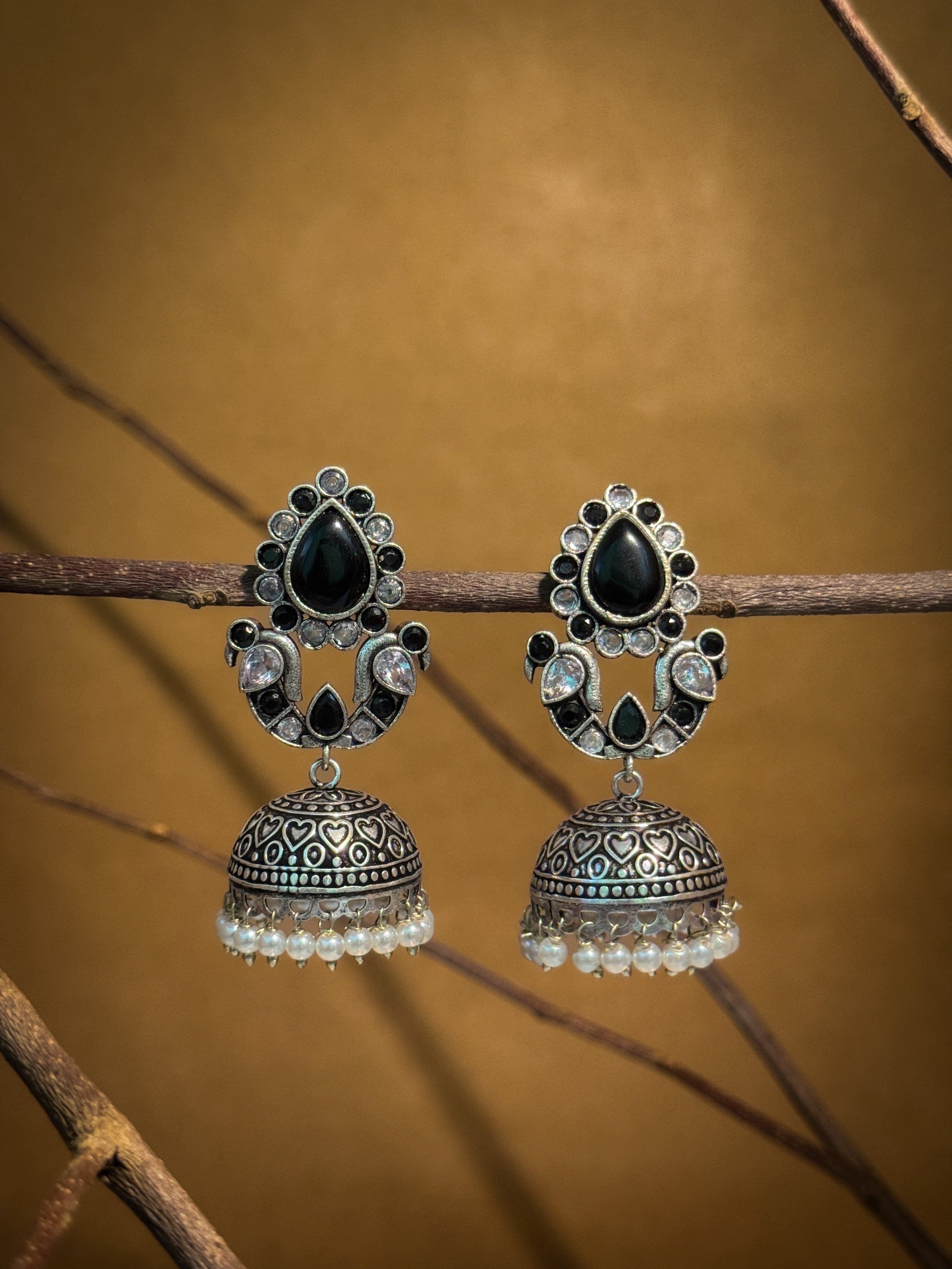 RUHANI BLUSH OXIDISED JHUMKA EARRINGS