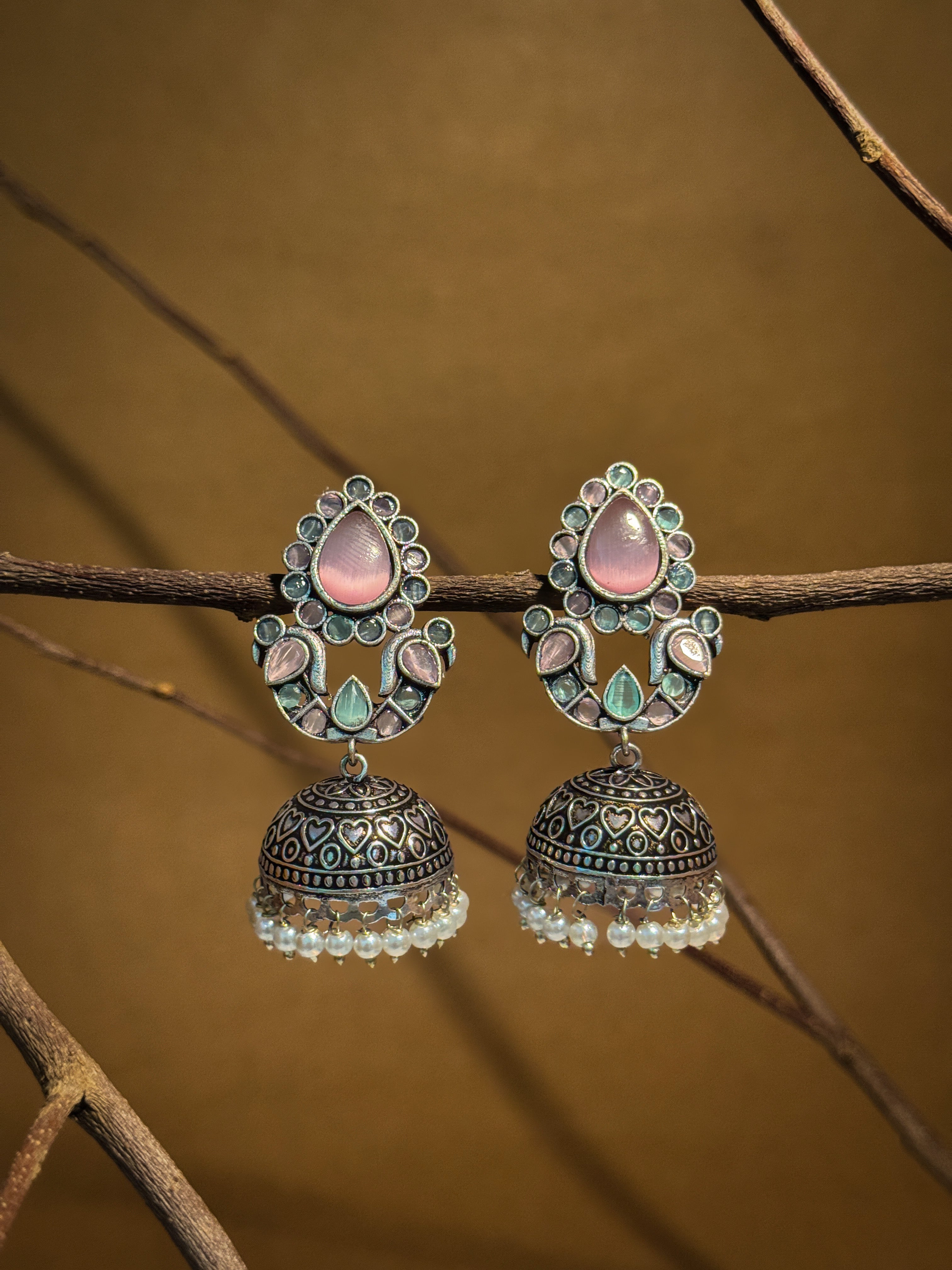 RUHANI BLUSH OXIDISED JHUMKA EARRINGS