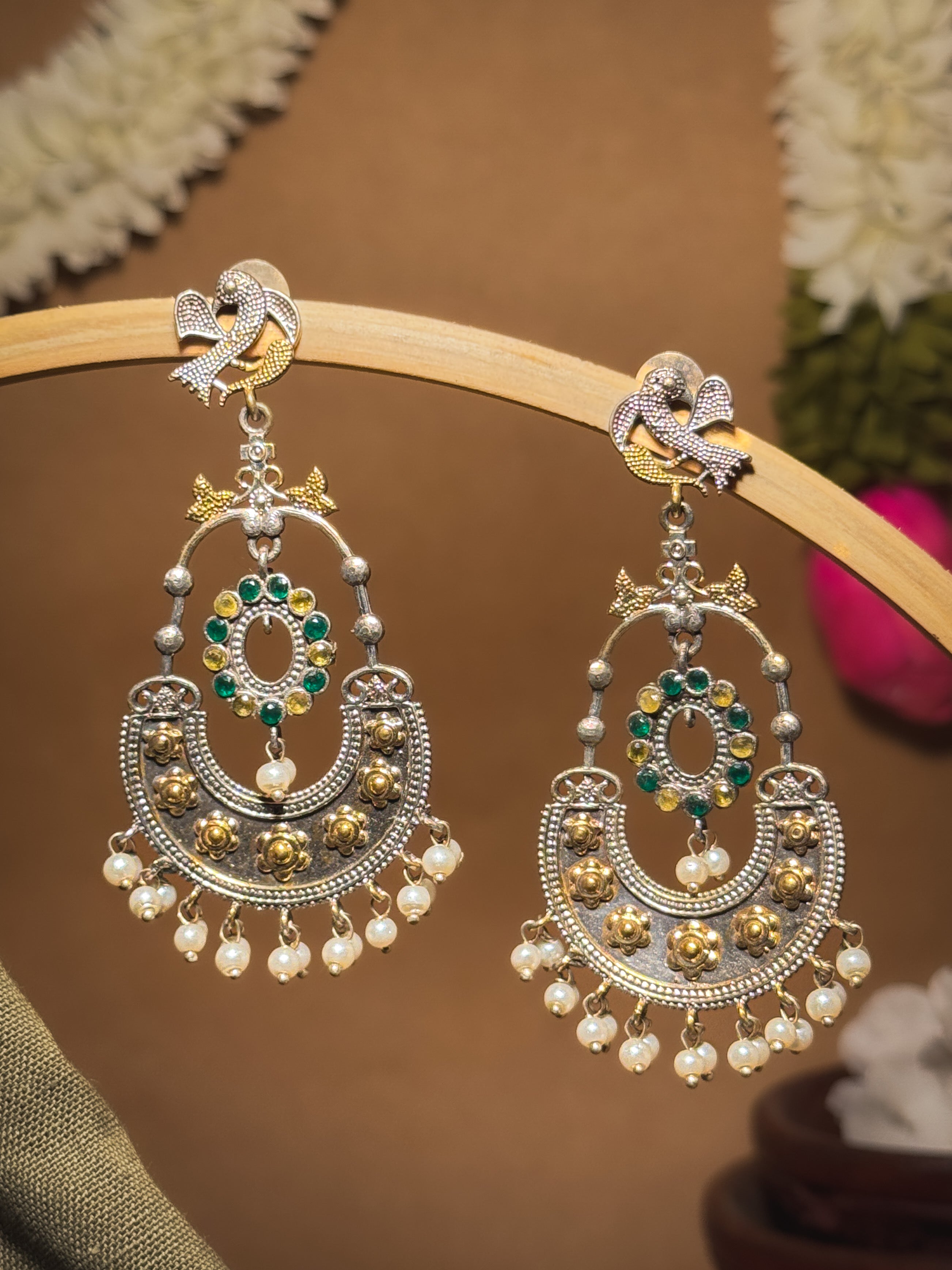 PEACOCK ROYALTY DUAL-TONE CHANDBALI EARRINGS