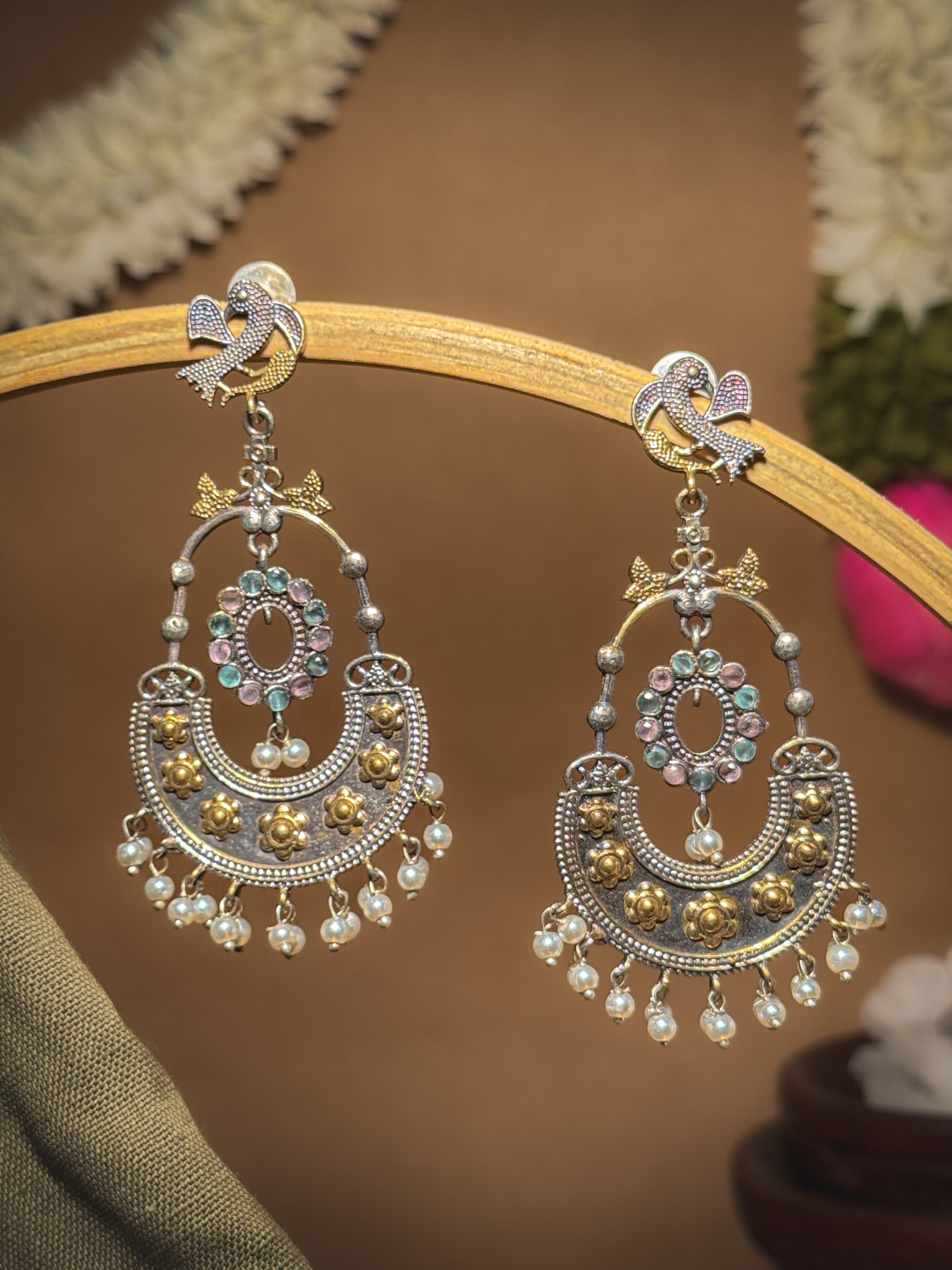 PEACOCK ROYALTY DUAL-TONE CHANDBALI EARRINGS