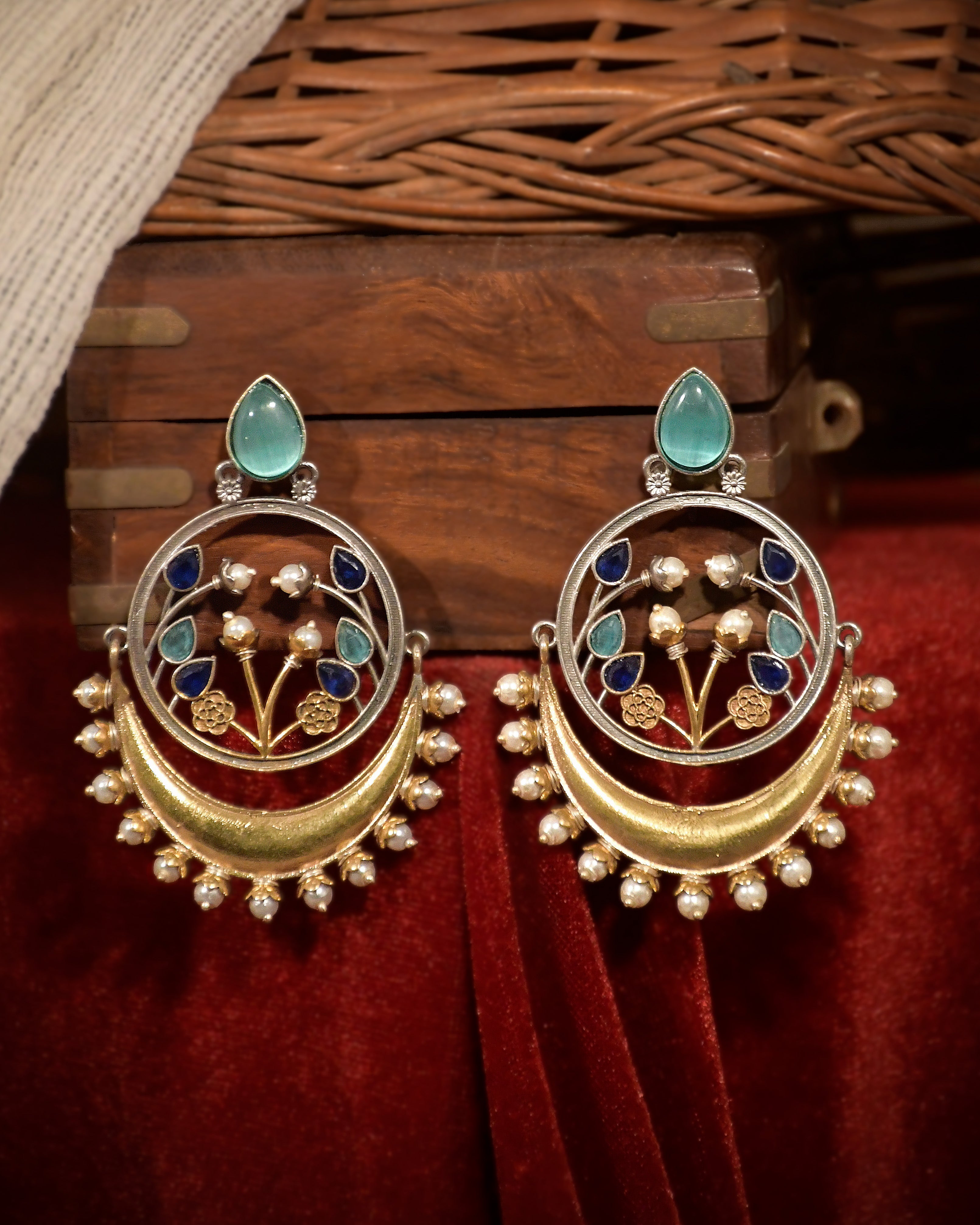 Aarvi Dual-Tone Crescent Floral Dangler Earrings