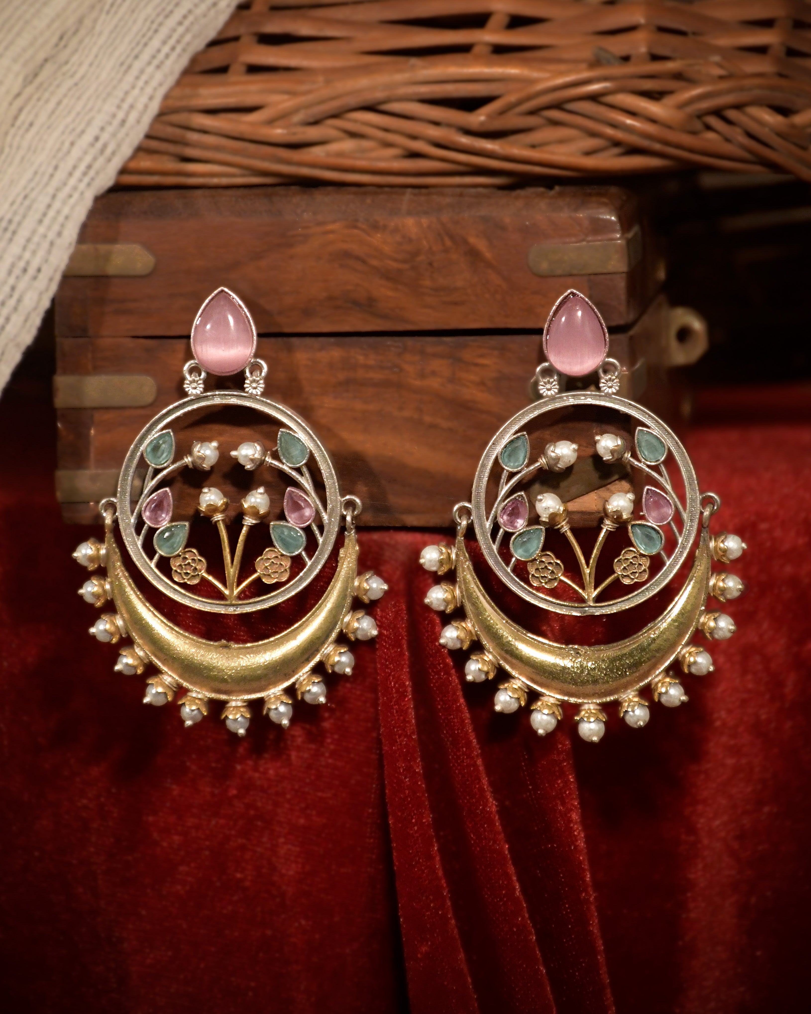 Aarvi Dual-Tone Crescent Floral Dangler Earrings