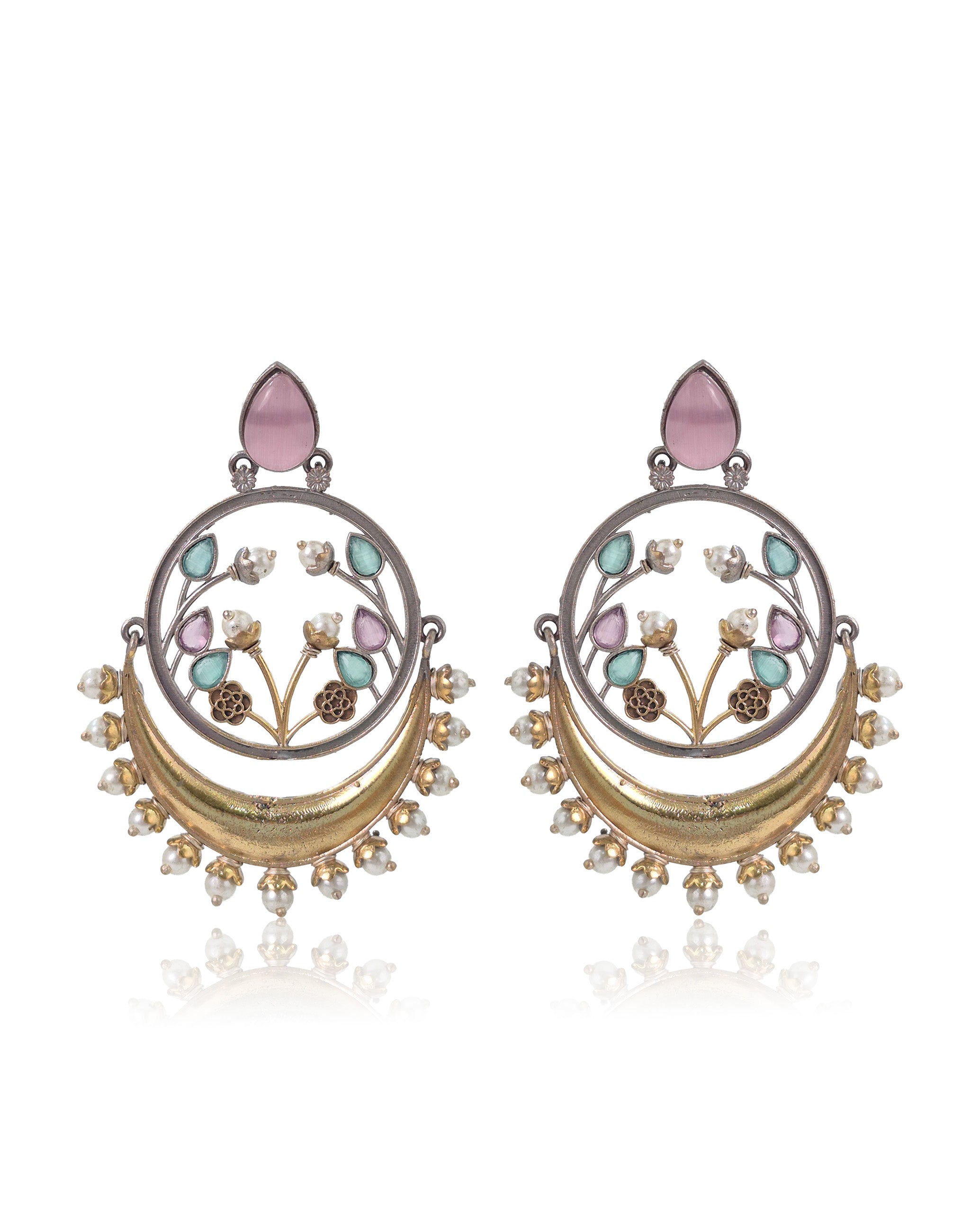 Aarvi Dual-Tone Crescent Floral Dangler Earrings