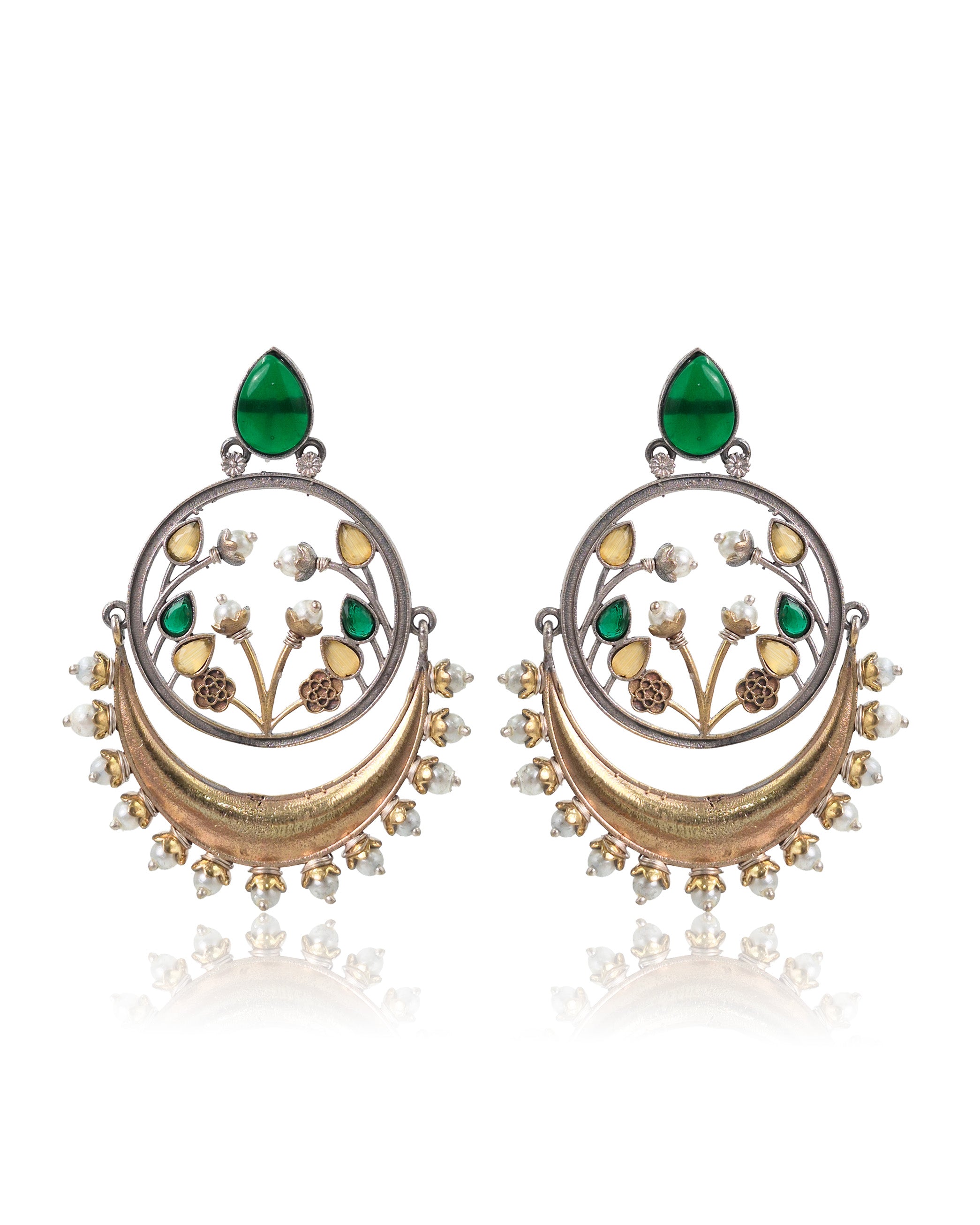 Aarvi Dual-Tone Crescent Floral Dangler Earrings