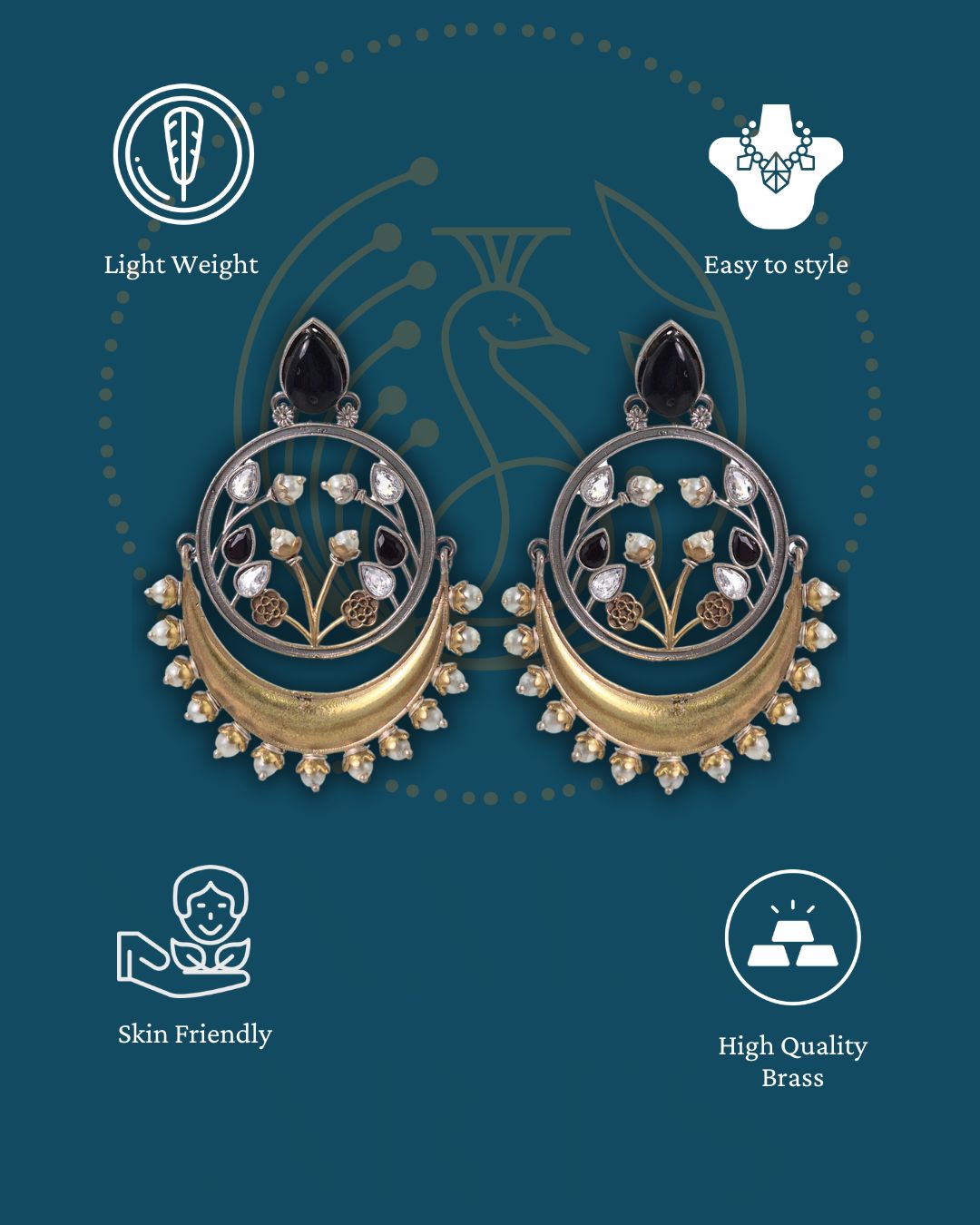 Aarvi Dual-Tone Crescent Floral Dangler Earrings