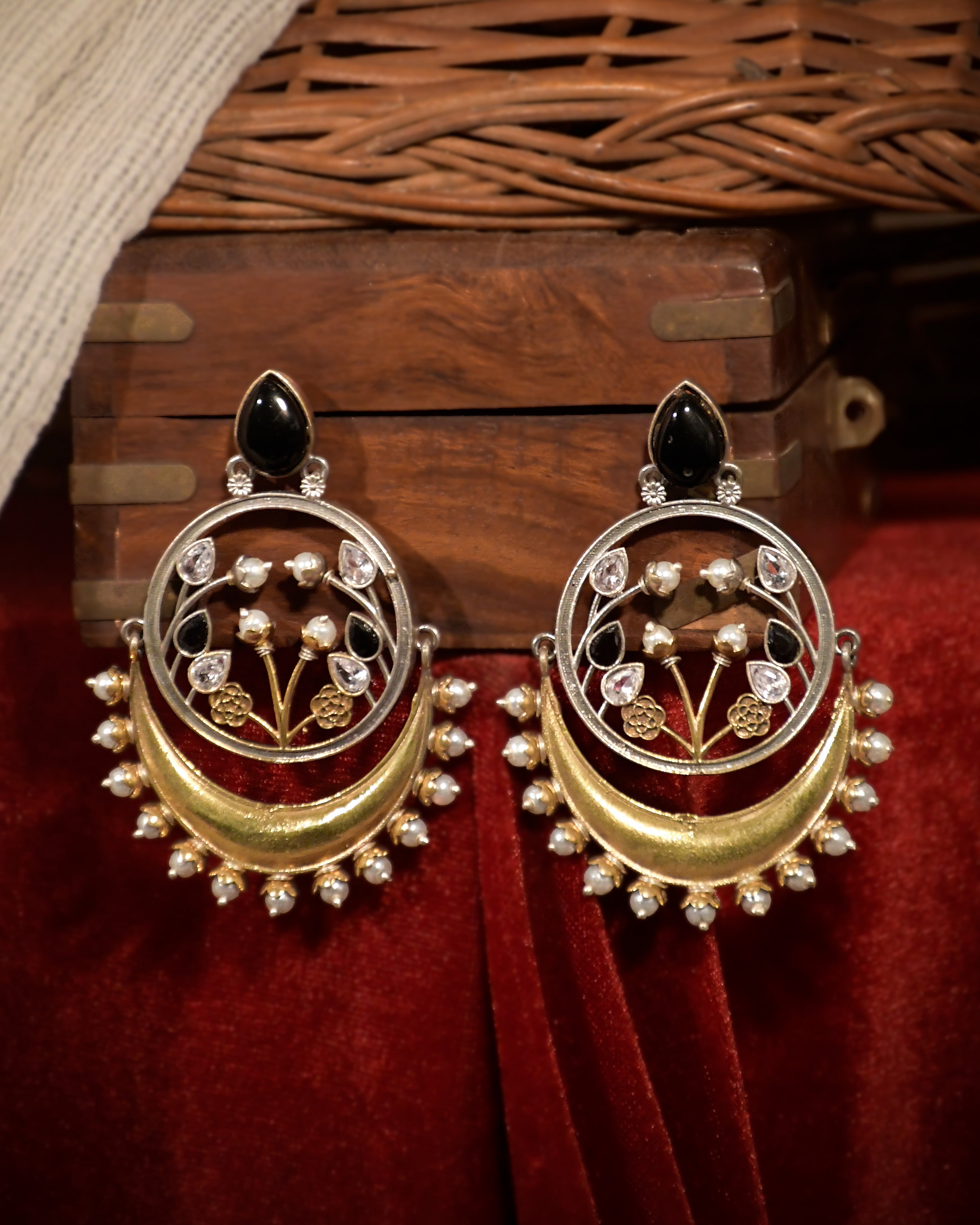 Aarvi Dual-Tone Crescent Floral Dangler Earrings