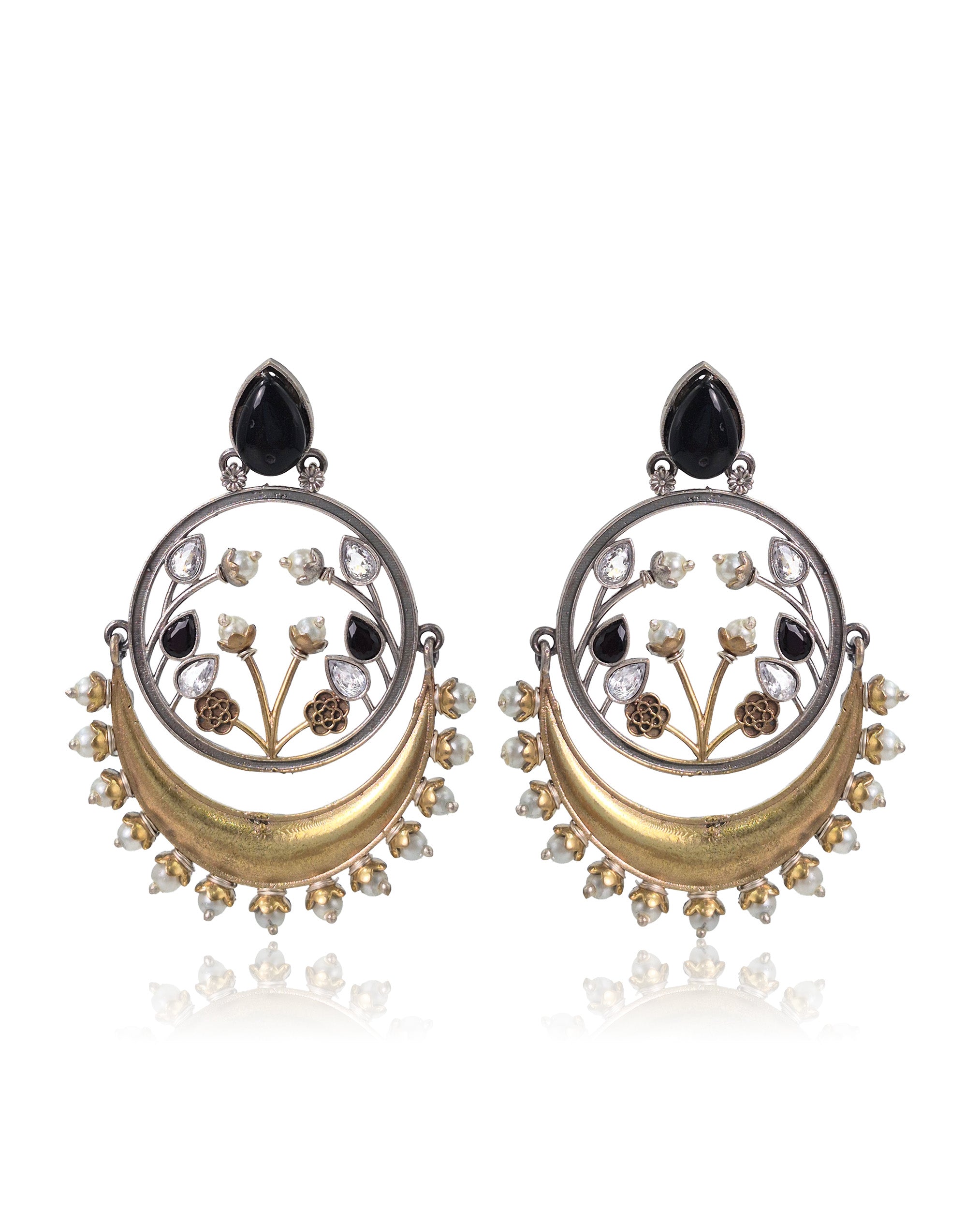 Aarvi Dual-Tone Crescent Floral Dangler Earrings