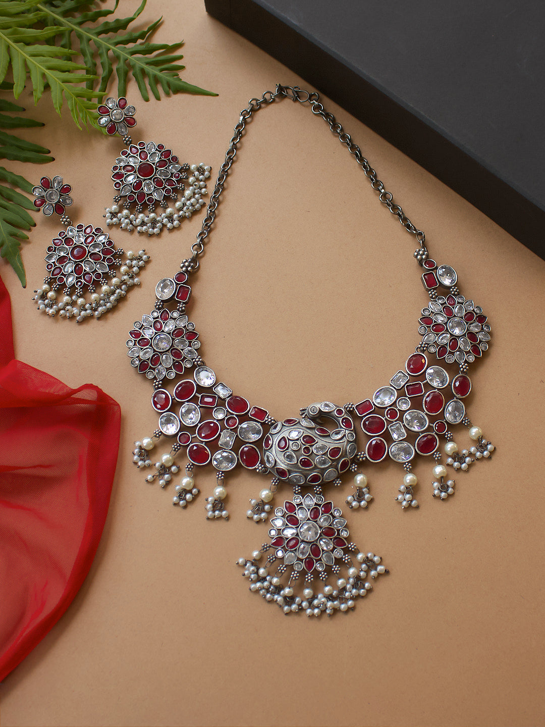 AARVI SILVER LOOKALIKE STONE NECKLACE SET