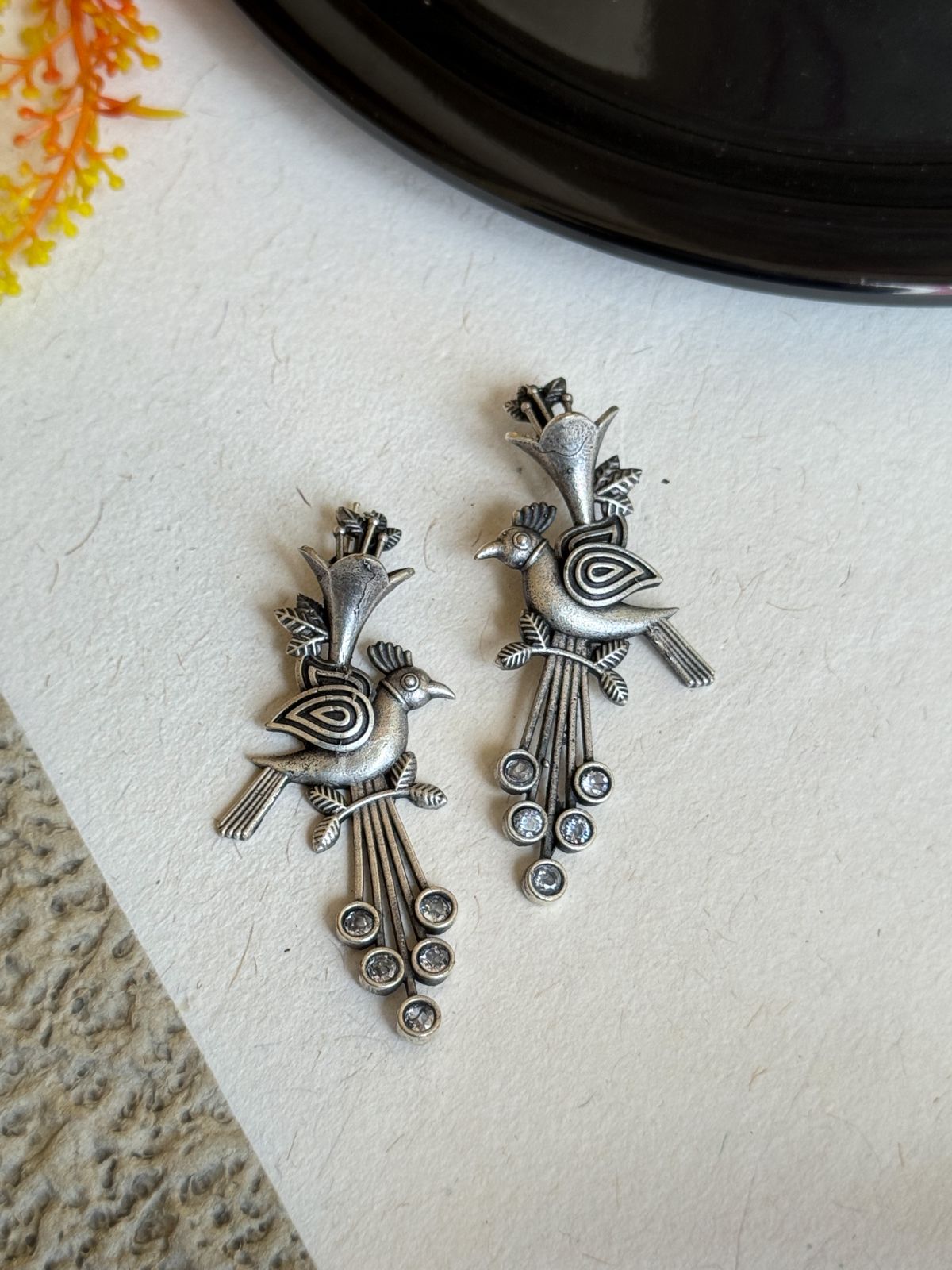 OXIDISED BIRD STONE STUD EARRINGS