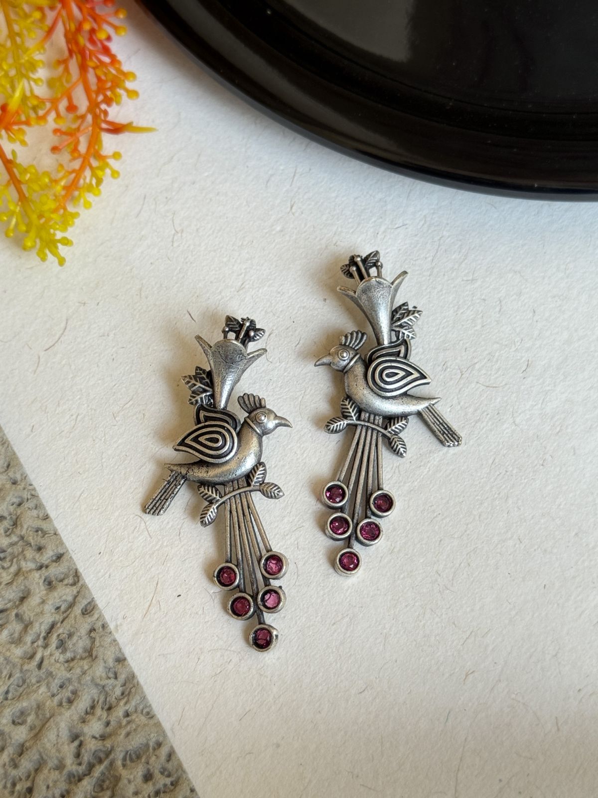 OXIDISED BIRD STONE STUD EARRINGS
