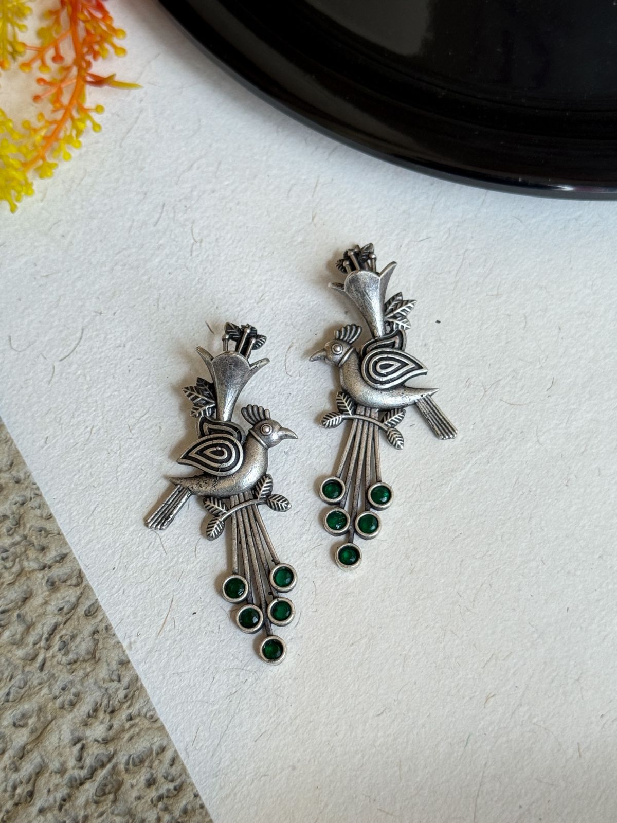 OXIDISED BIRD STONE STUD EARRINGS