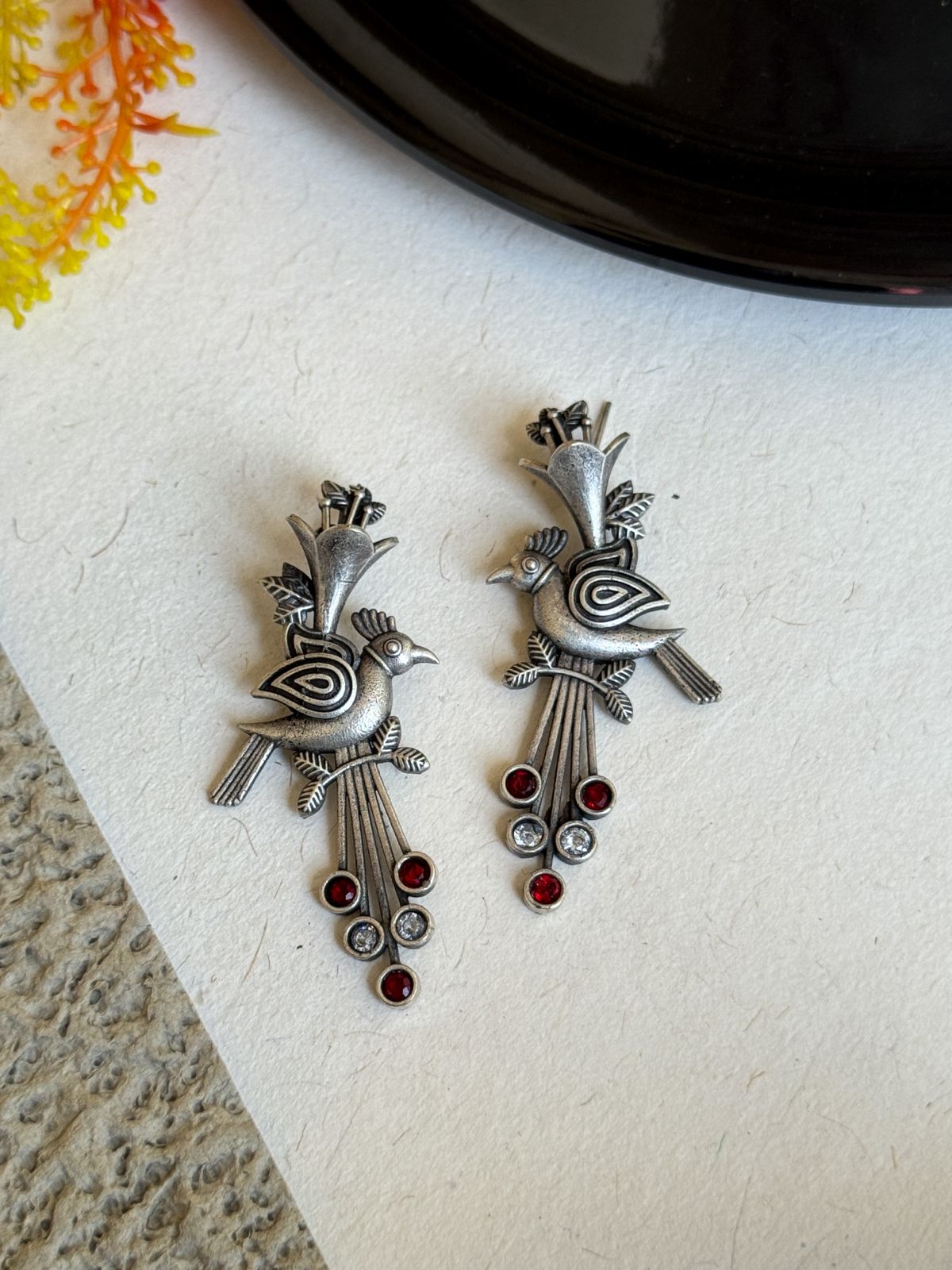 OXIDISED BIRD STONE STUD EARRINGS