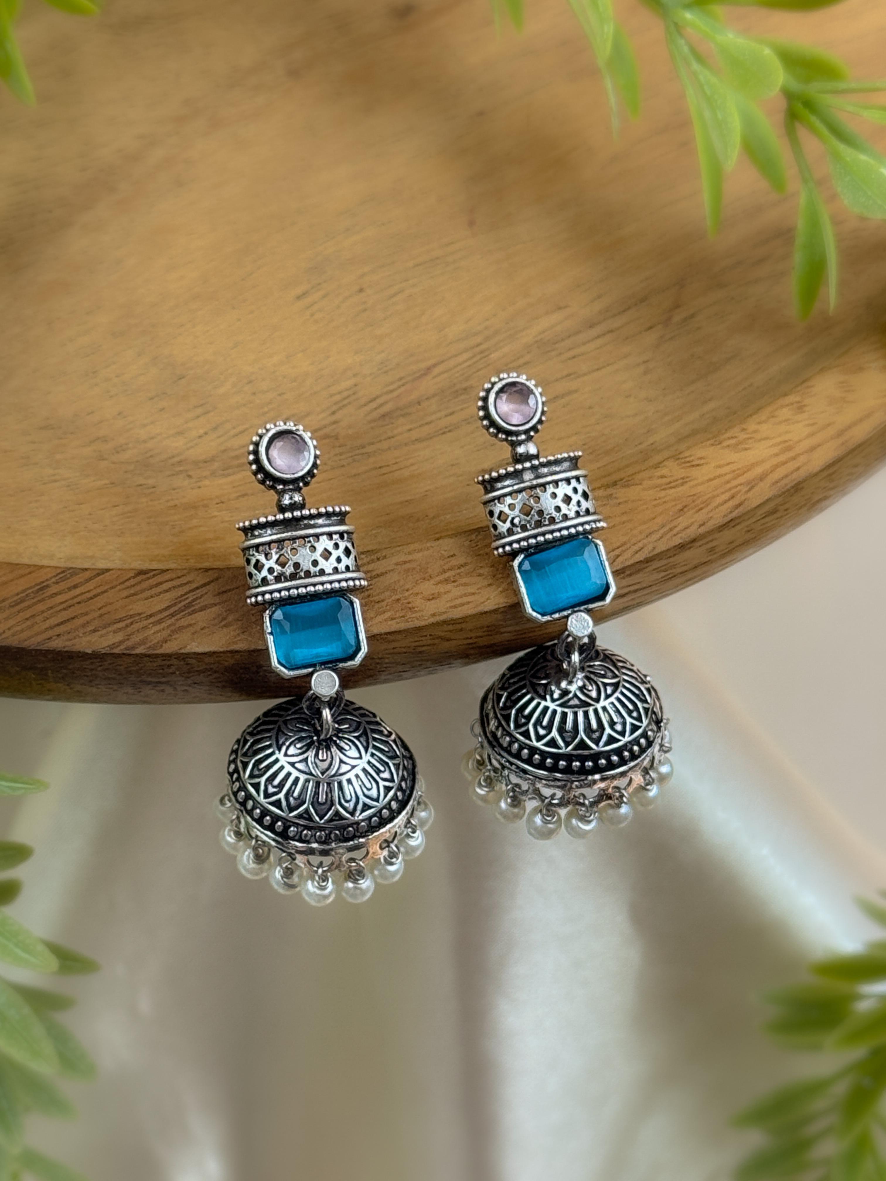 ANIKA OXIDISED STONE JHUMKA EARRINGS