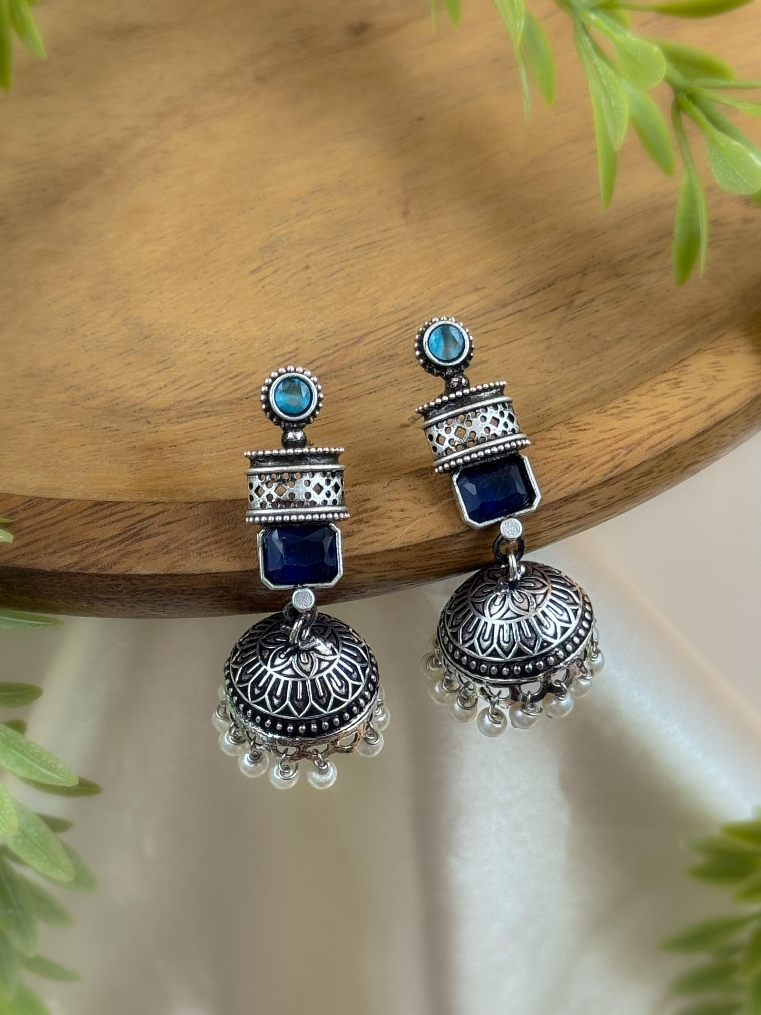 ANIKA OXIDISED STONE JHUMKA EARRINGS