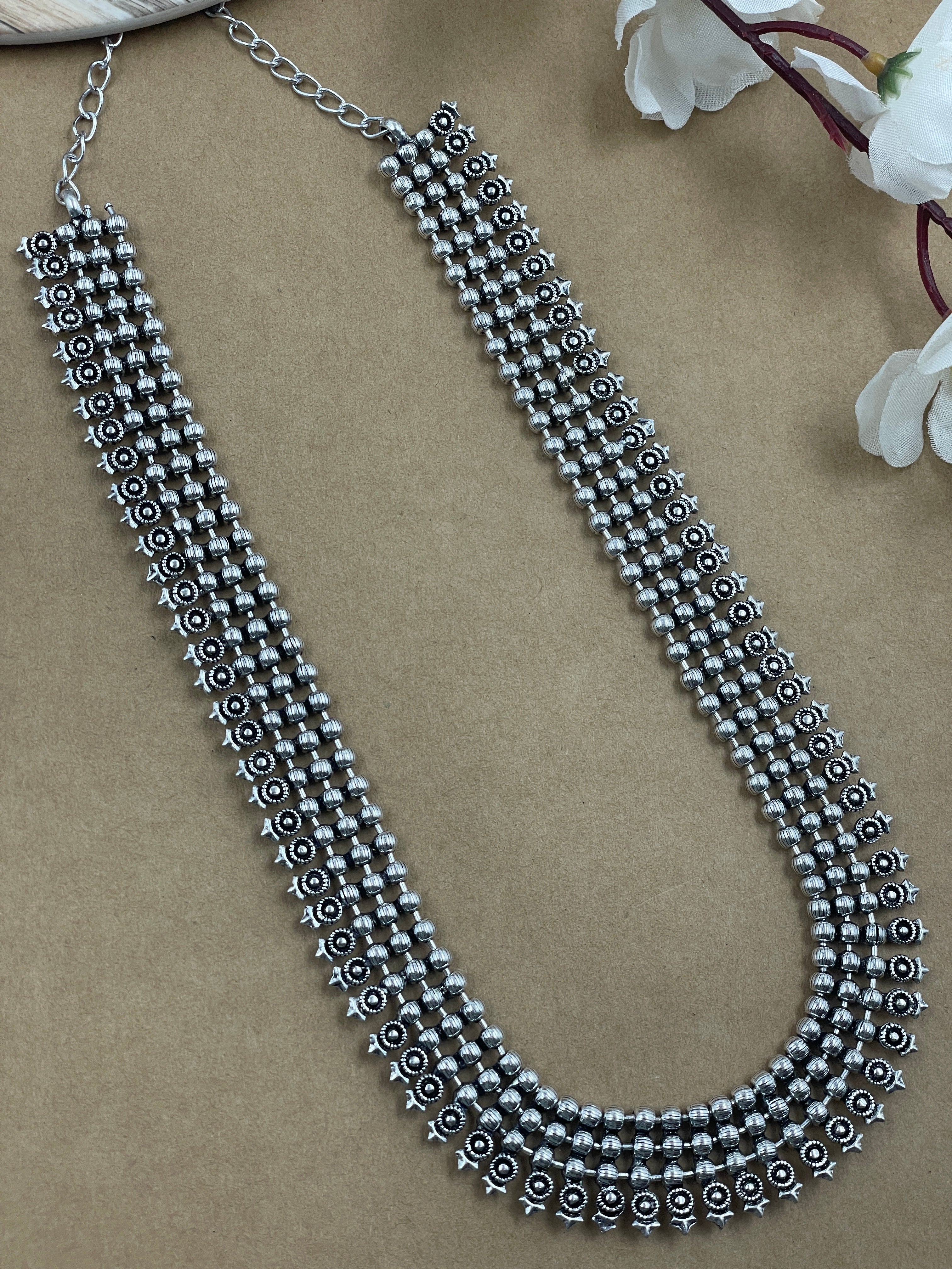 SOUMYA 3 LINE SILVER OXIDISED NECKLACE JEWELLERY SET COMBO