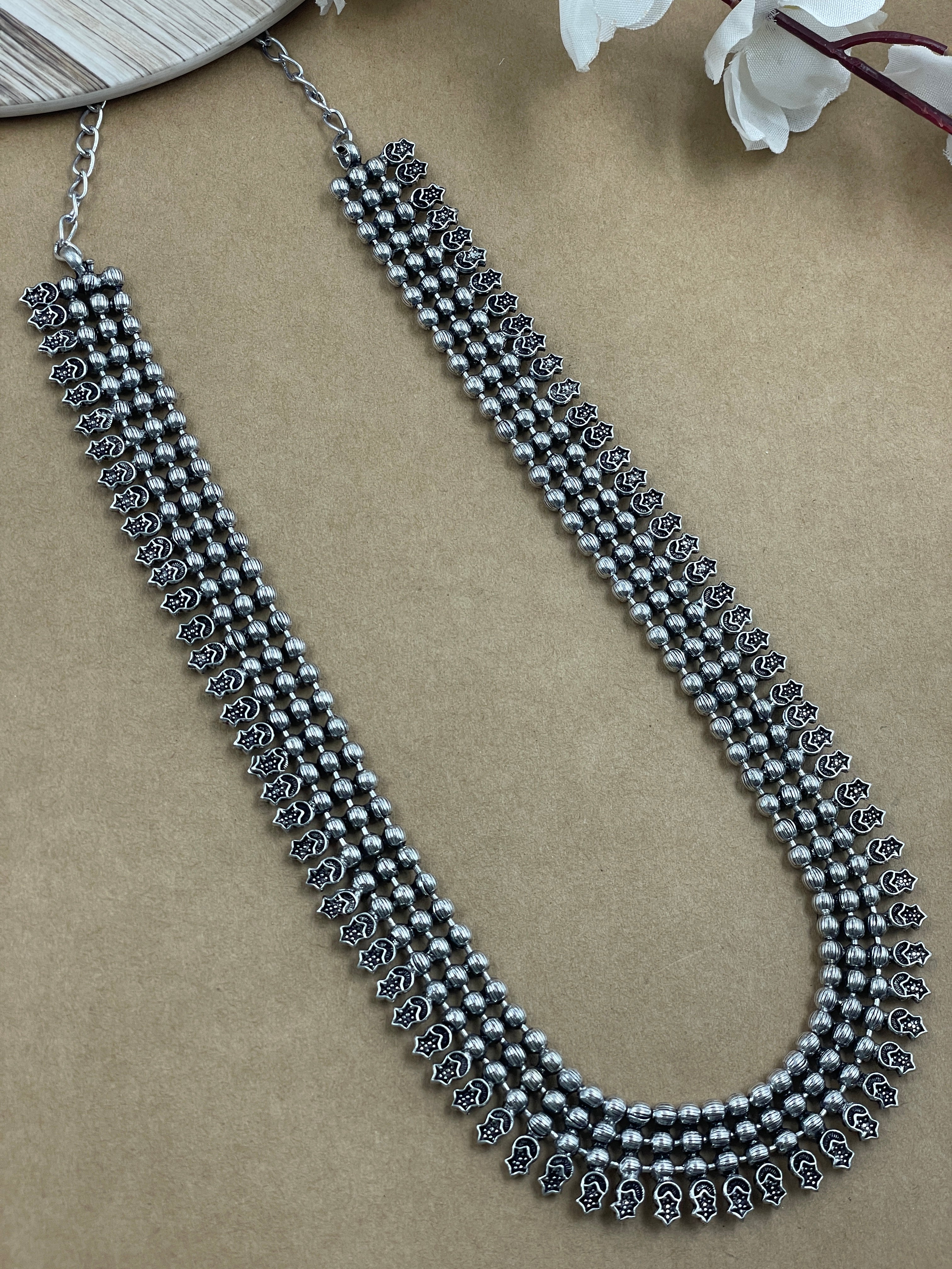 SOUMYA 3 LINE SILVER OXIDISED NECKLACE JEWELLERY SET COMBO