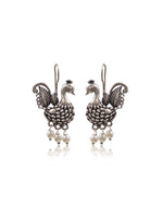 Load image into Gallery viewer, Pearl Plume Peacock Silver Lookalike Dangler Earrings