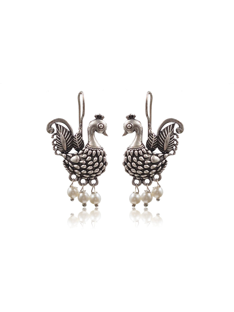 Pearl Plume Peacock Silver Lookalike Dangler Earrings