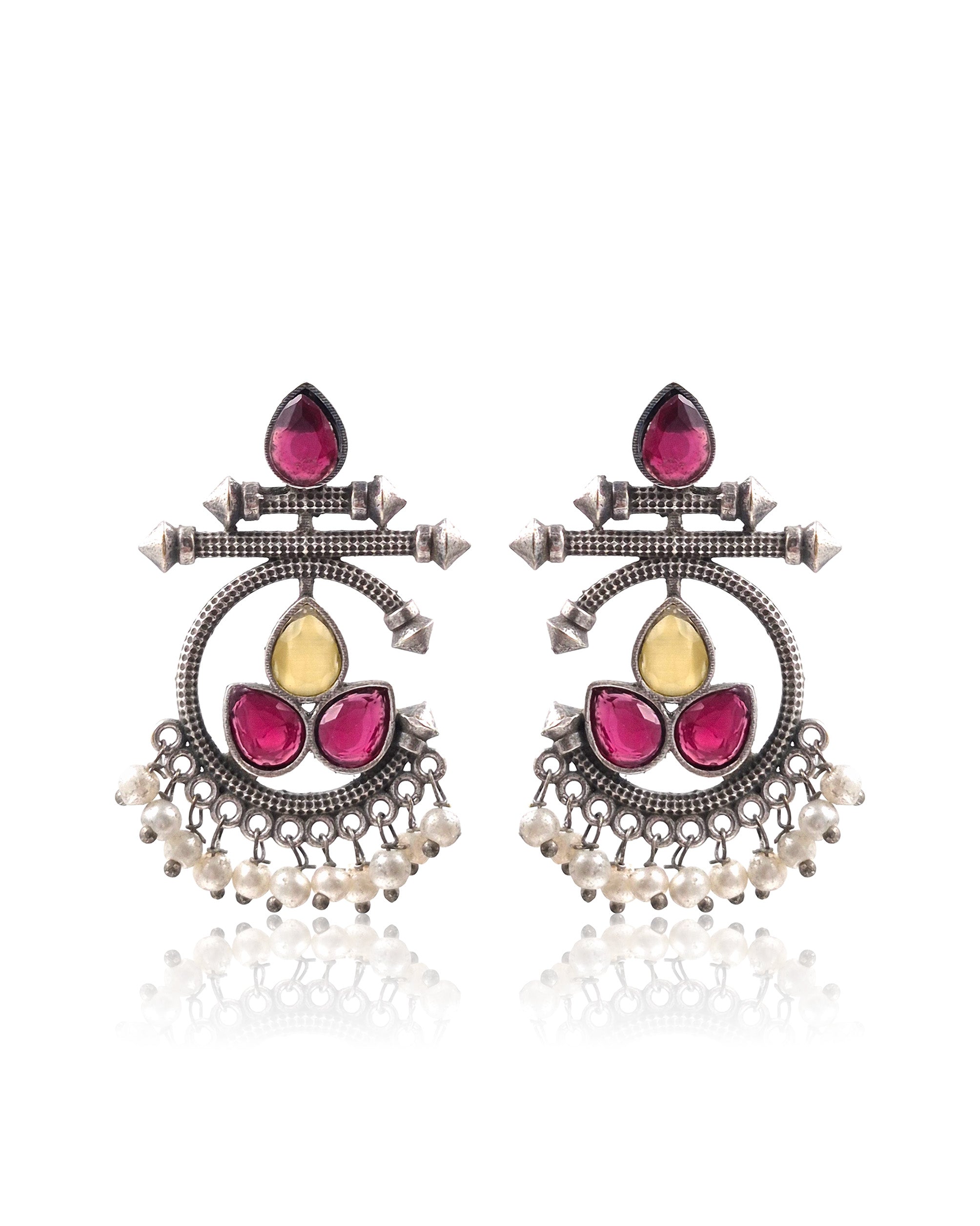 Azure Bloom Oxidised Chandbali Stone Earrings