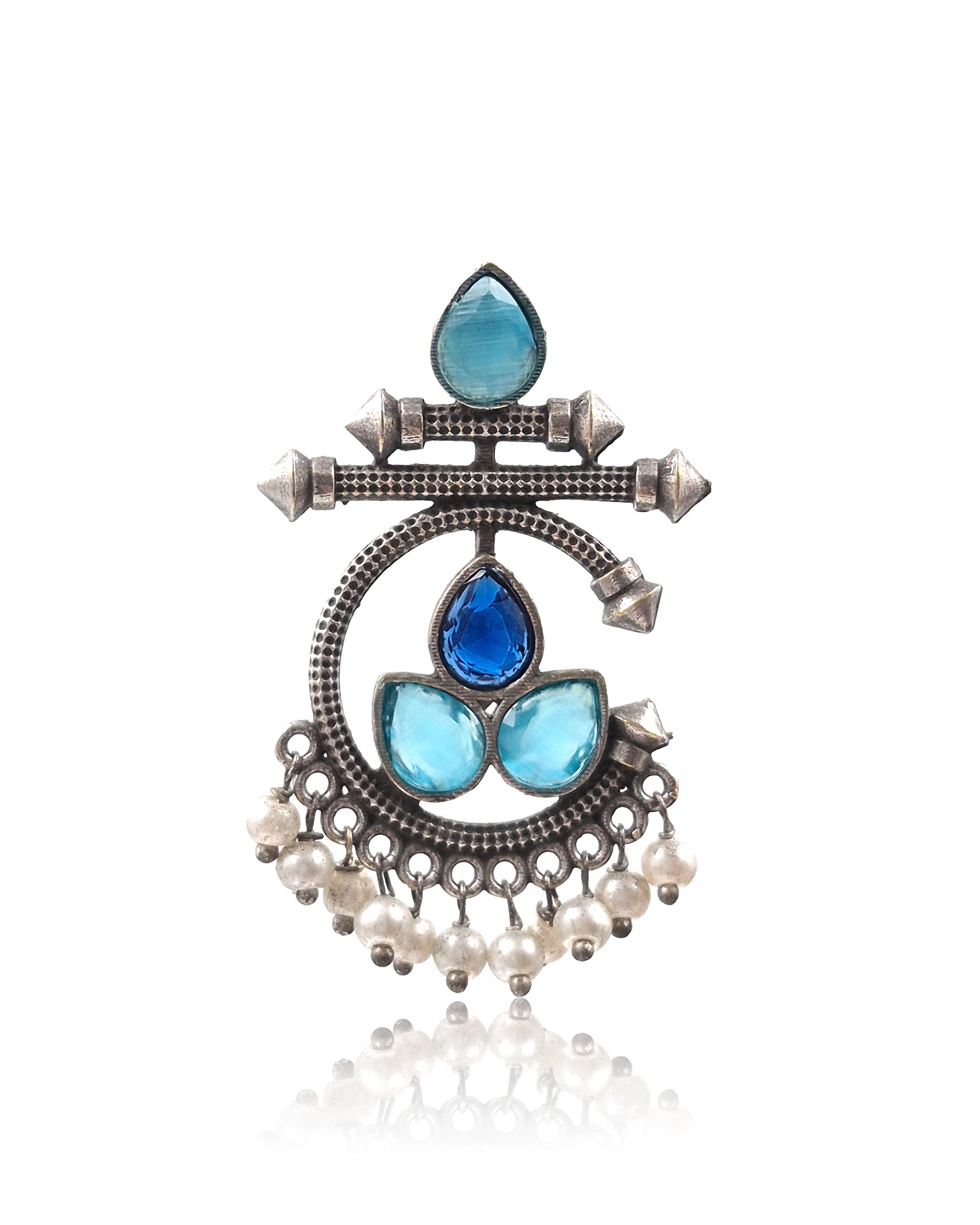 Azure Bloom Oxidised Chandbali Stone Earrings