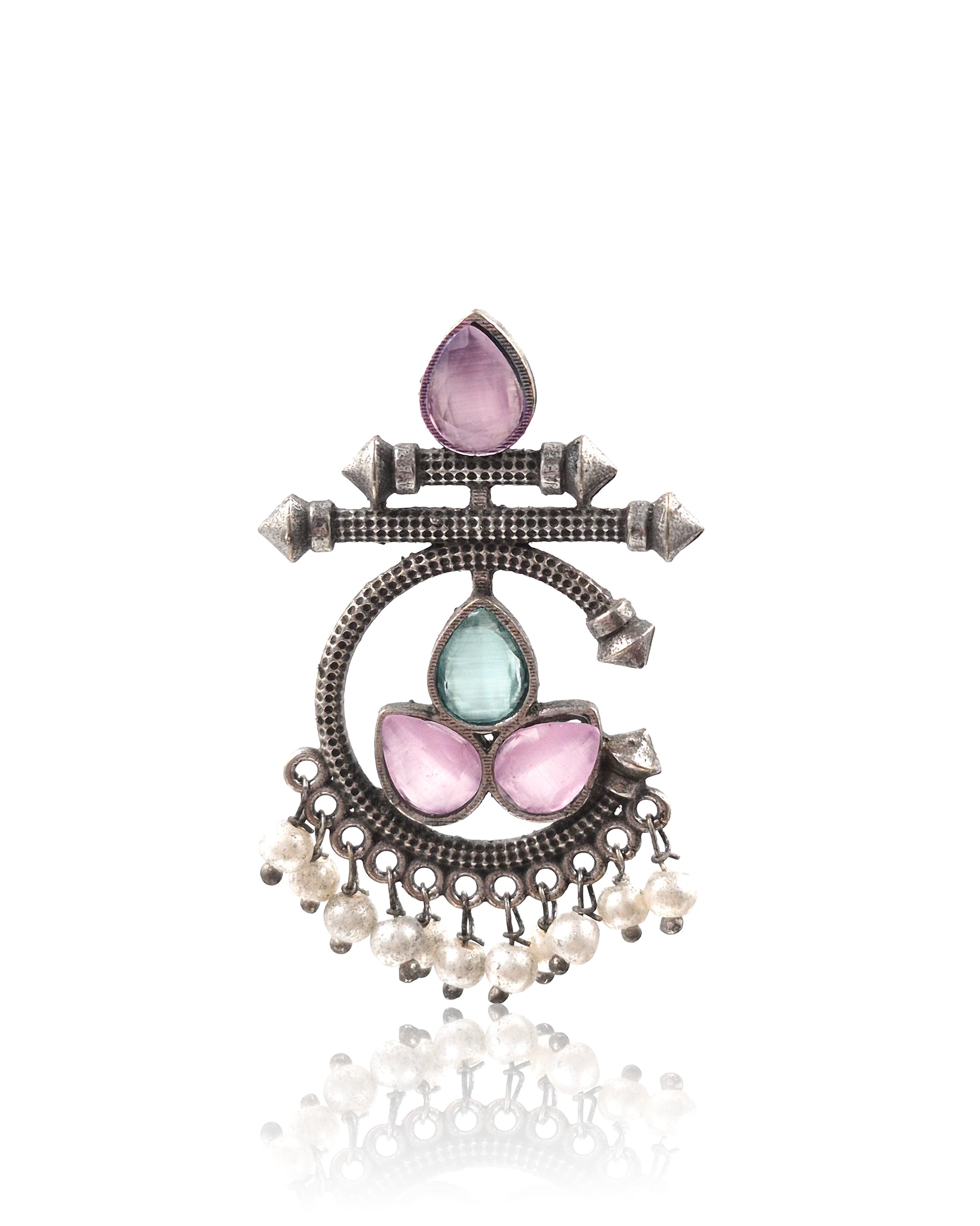 Azure Bloom Oxidised Chandbali Stone Earrings