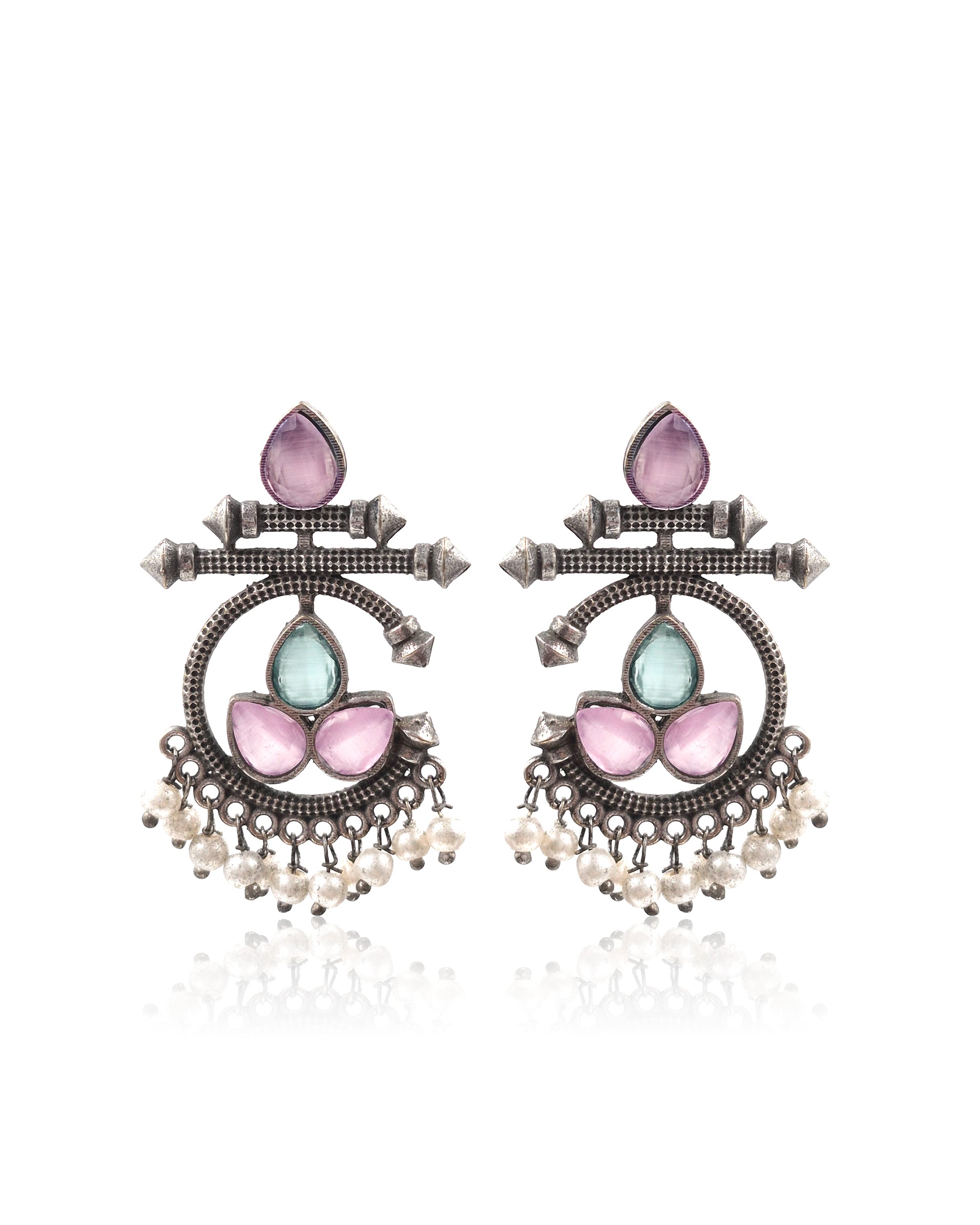 Azure Bloom Oxidised Chandbali Stone Earrings