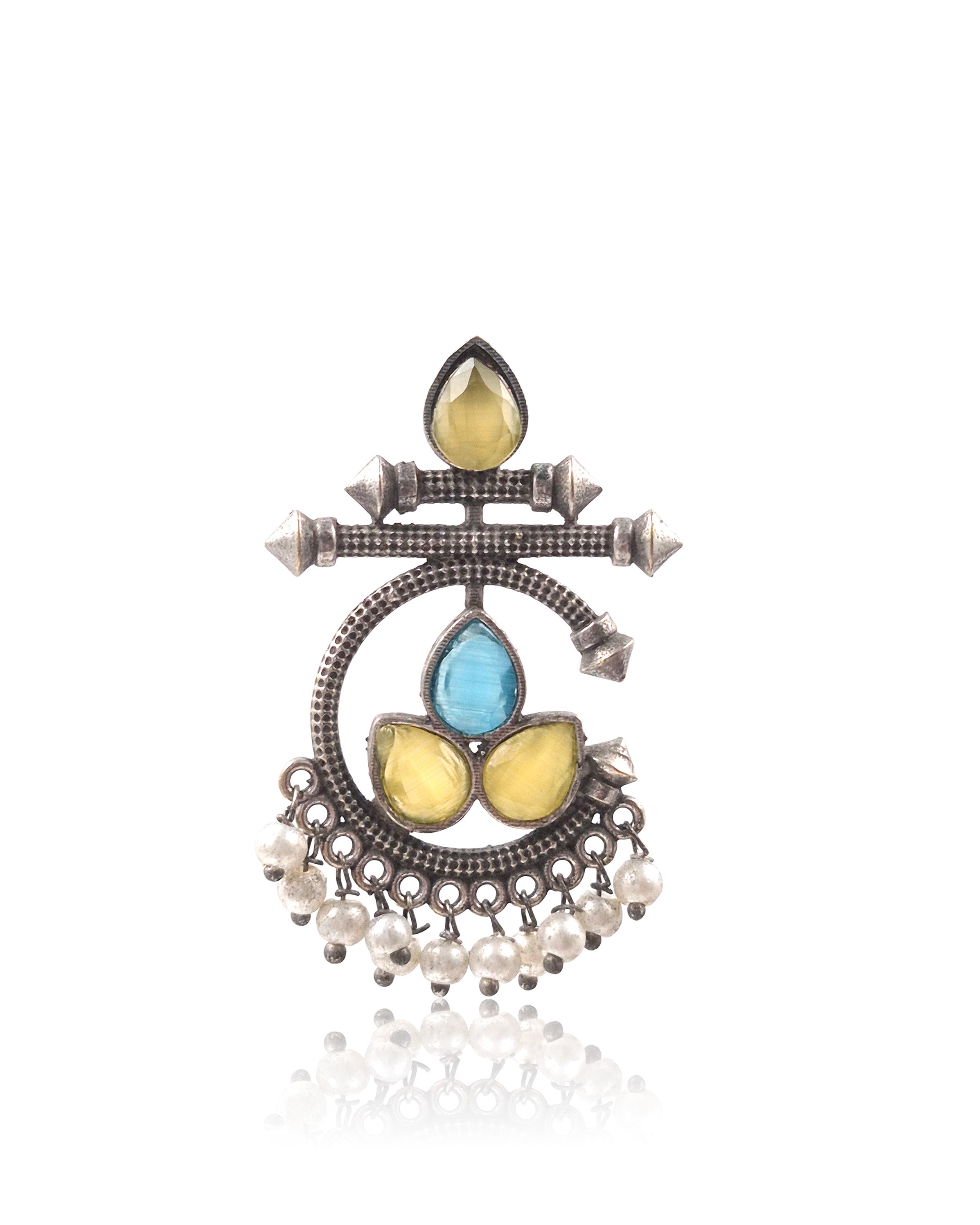 Azure Bloom Oxidised Chandbali Stone Earrings