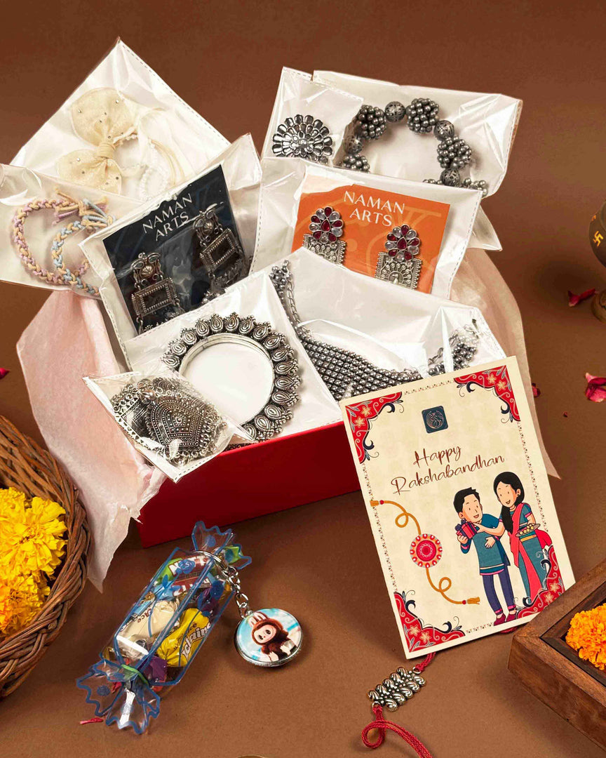 Festive Rakshabandhan hamper full contents flatlay - Naman Arts