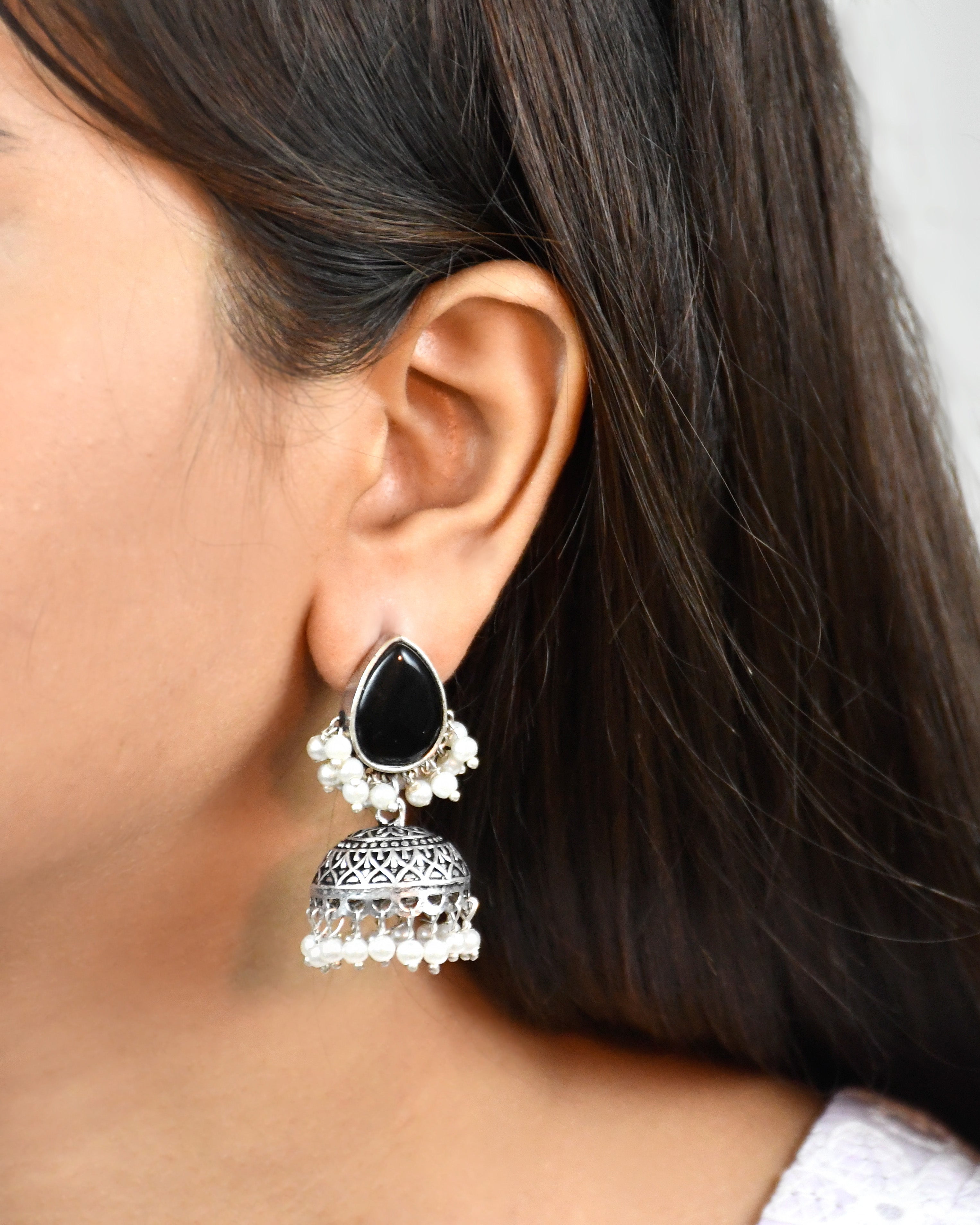 Moon Oxidised Jhumka Earrings
