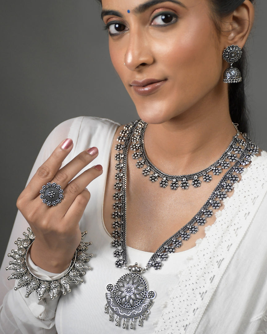7 Piece Flower Oxidised Jewellery Set Combo