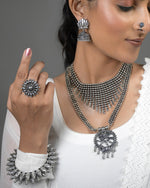 Load image into Gallery viewer, OXIDISED DOUBLE NECKLACE JEWELLERY SET COMBO