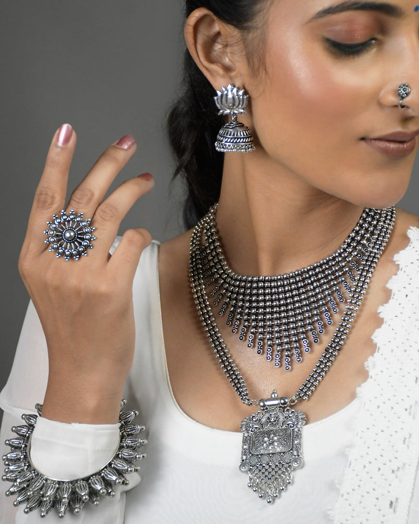 OXIDISED DOUBLE NECKLACE JEWELLERY SET COMBO