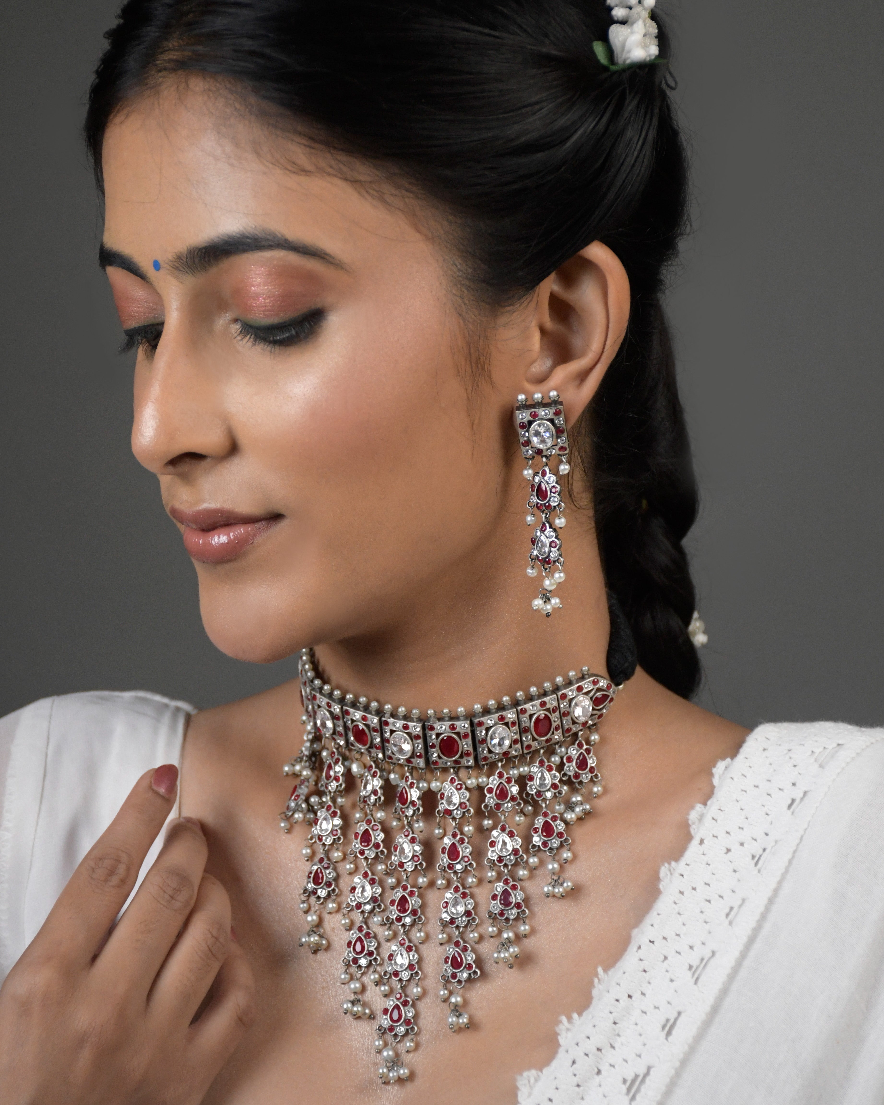 Aditi Silver Lookalike Stone Necklace Set