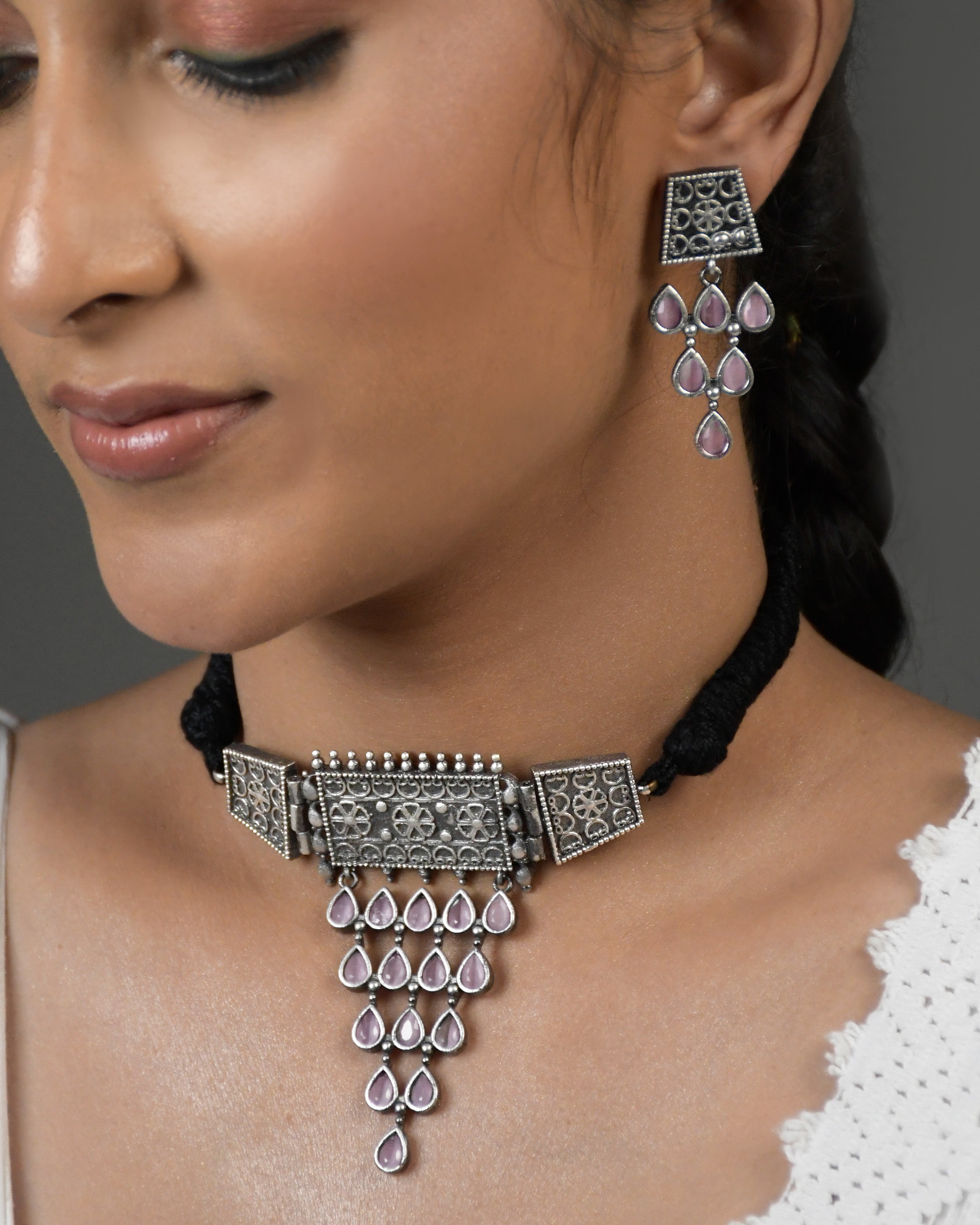 Naira Silver Lookalike Stone Necklace Set