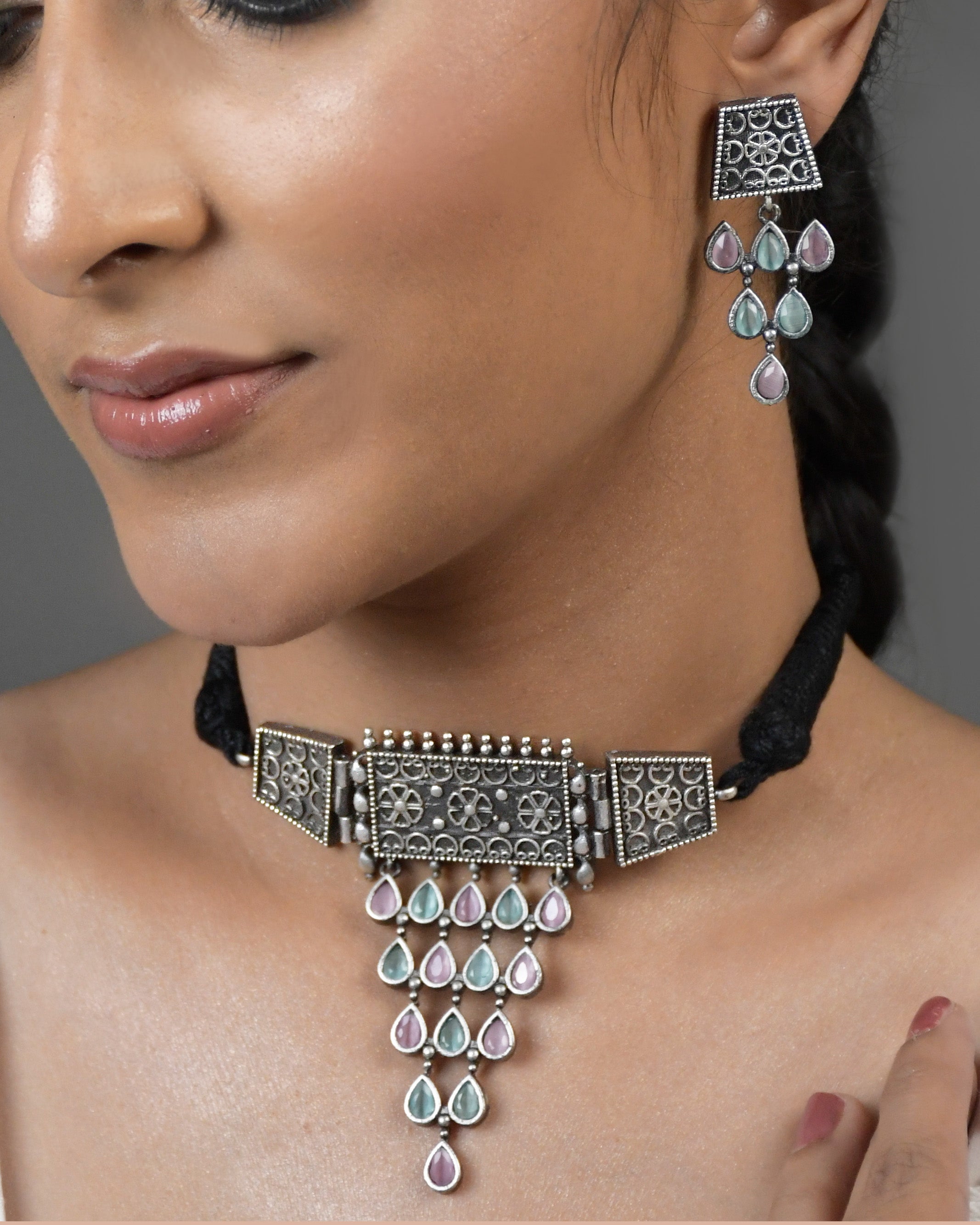 Naira Silver Lookalike Stone Necklace Set