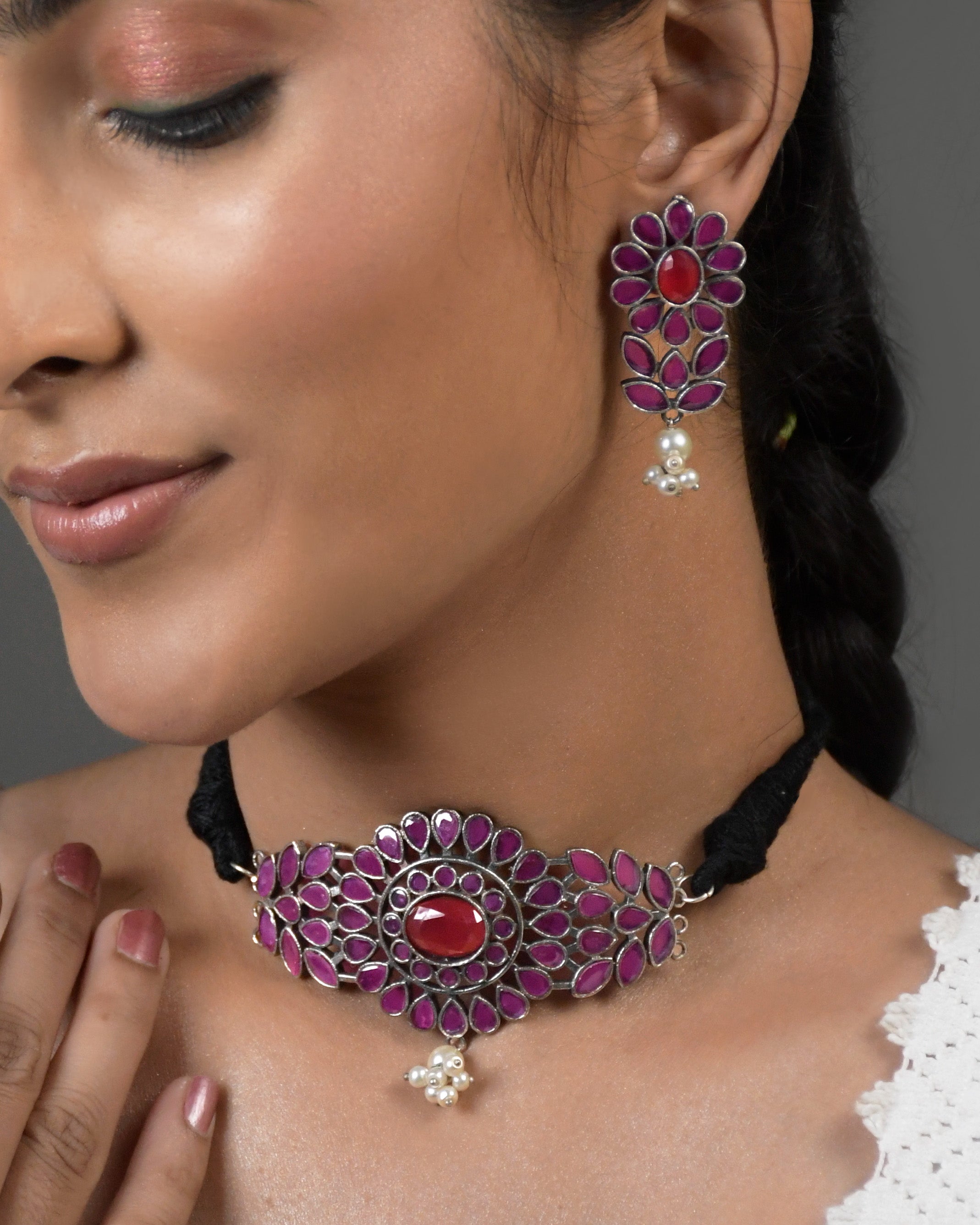 Mahira Silver Lookalike Stone Necklace Set