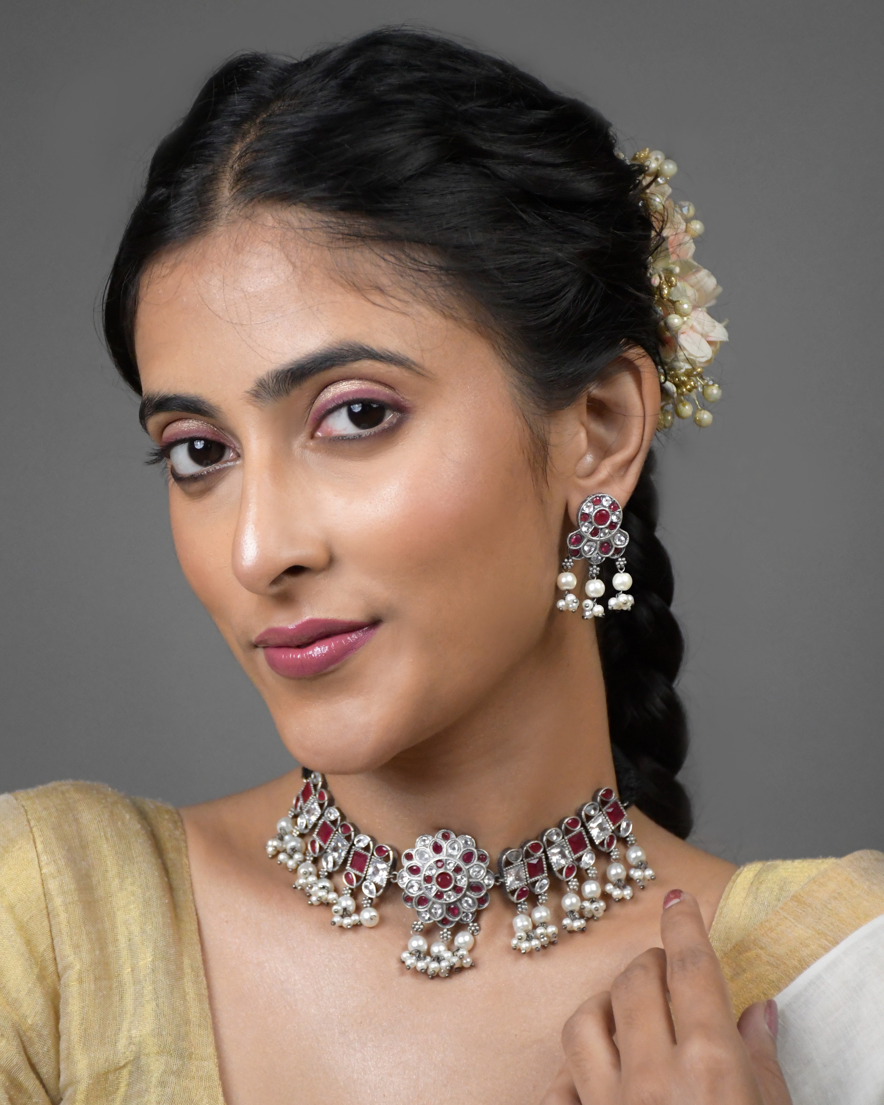 Harini Silver Lookalike Stone Necklace Set