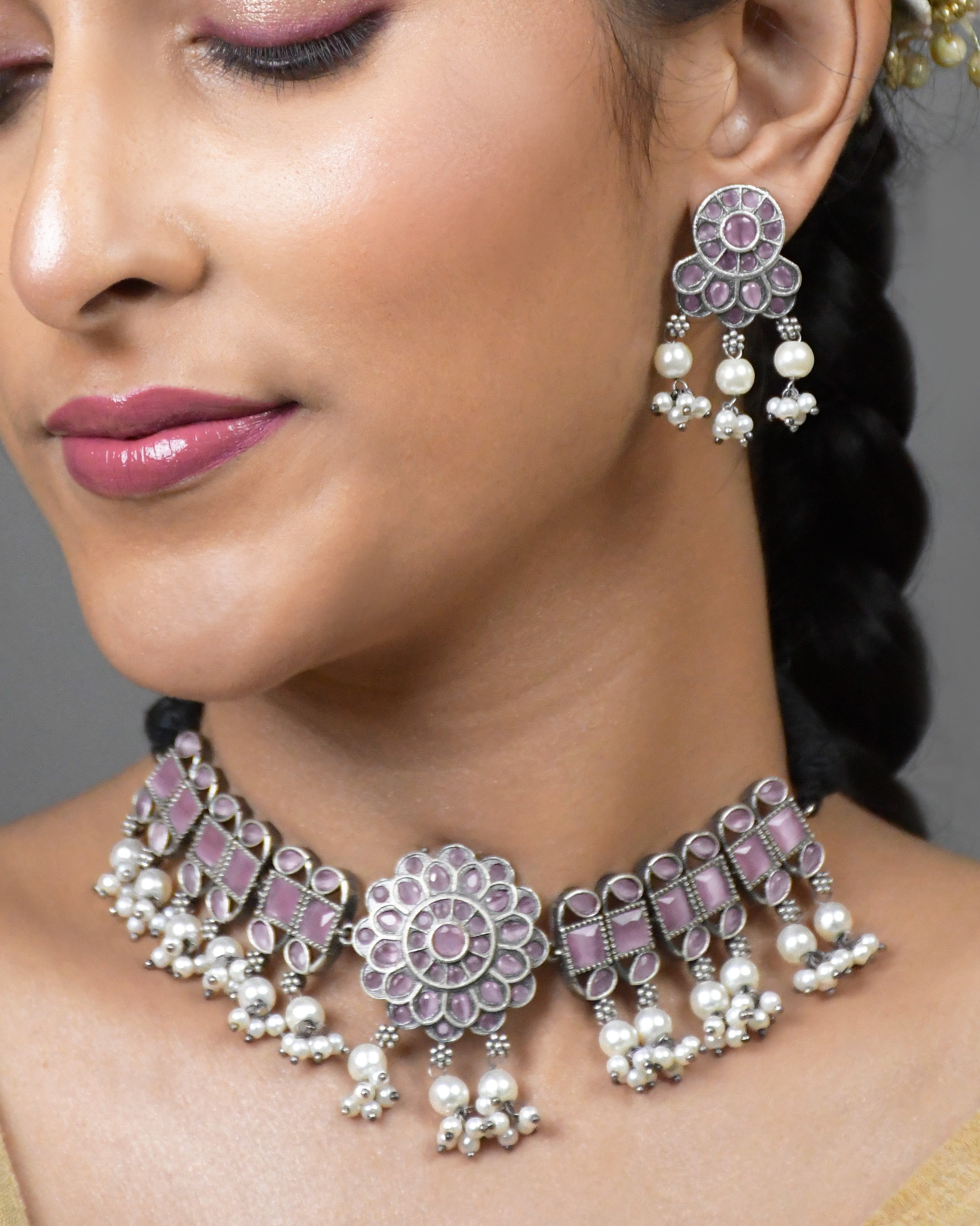 Harini Silver Lookalike Stone Necklace Set