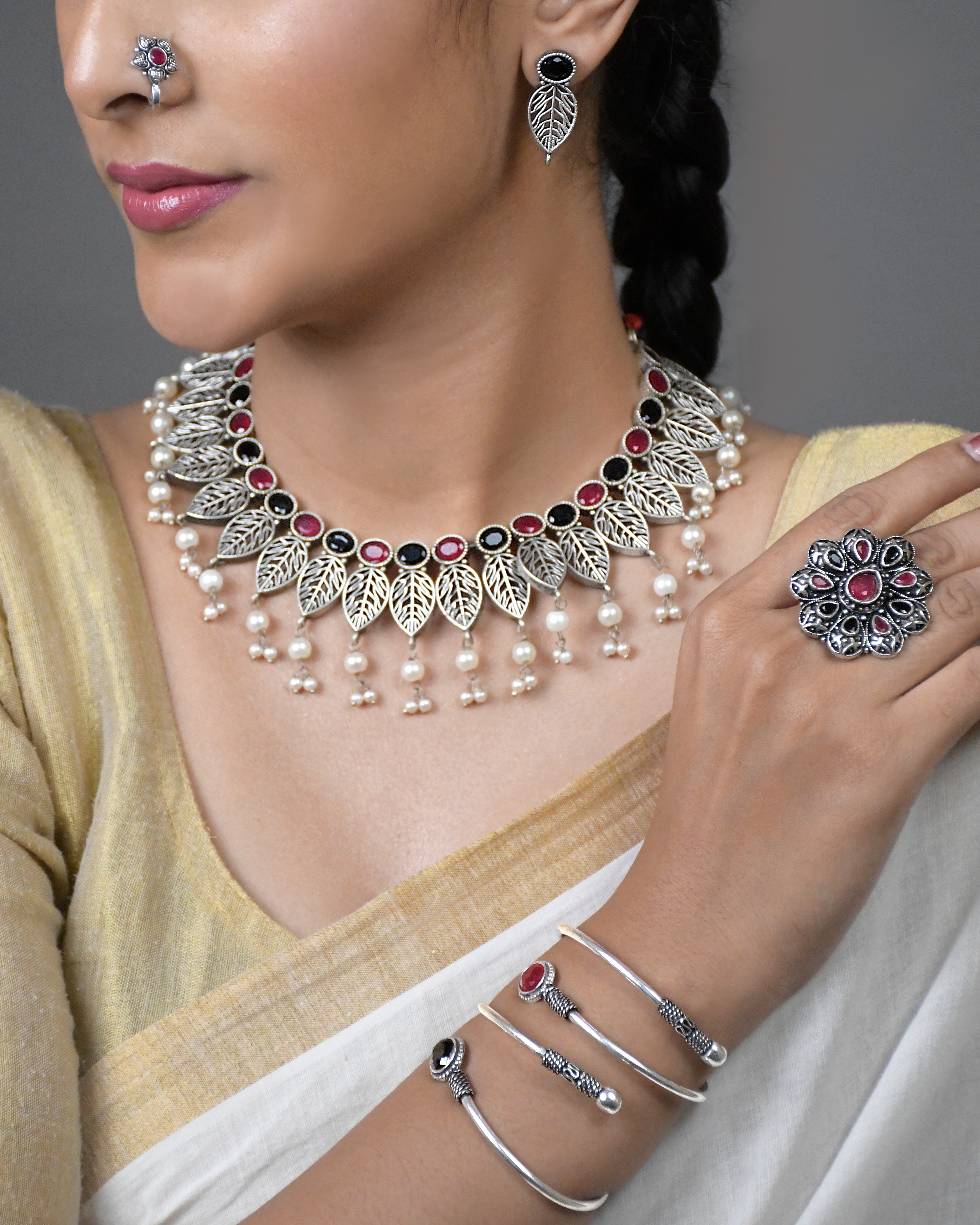 Mahi Celestial Leaf Pearl Jewellery Set