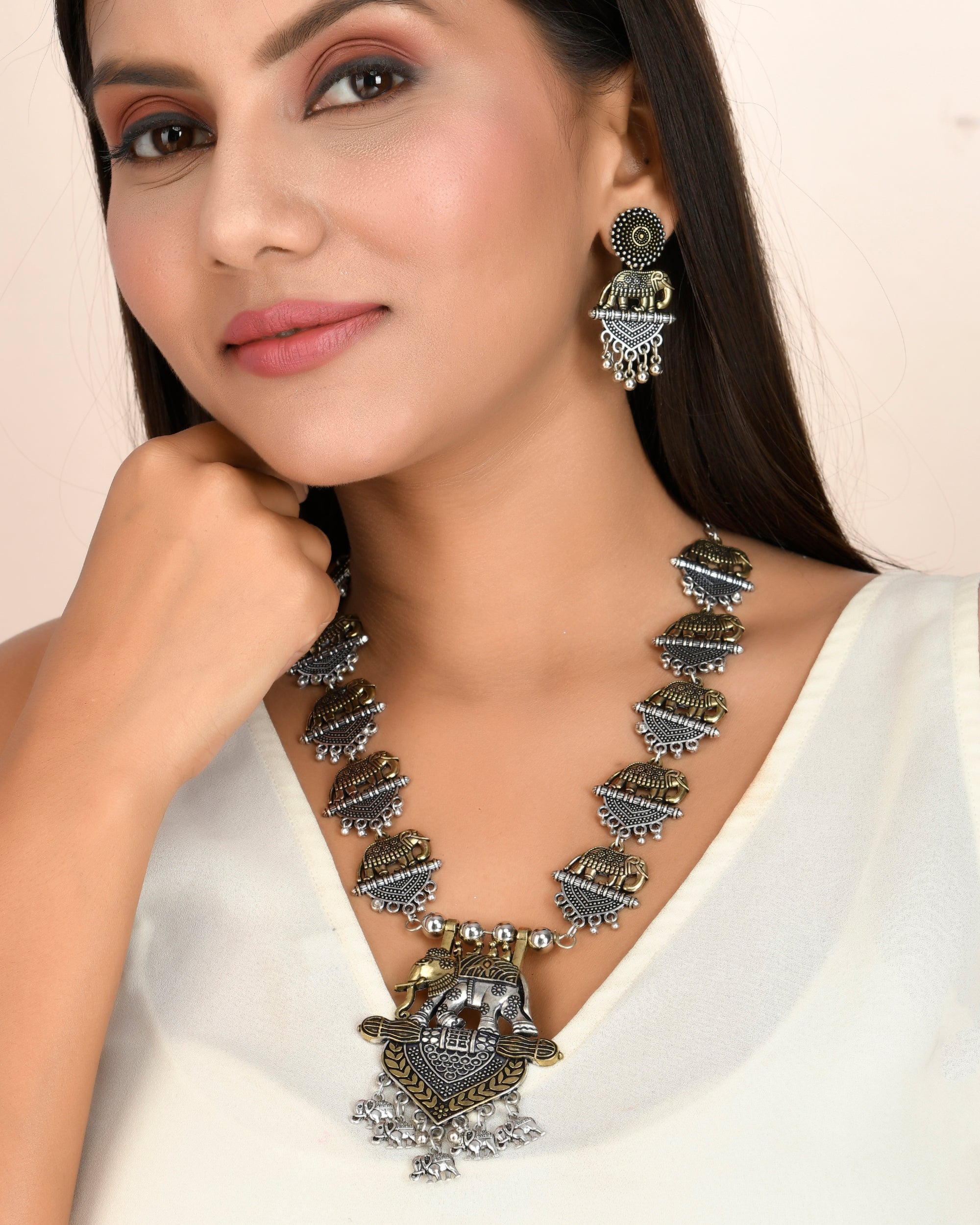 RITU DUAL TONE ELEPHANT CHARMS JEWELLERY SET