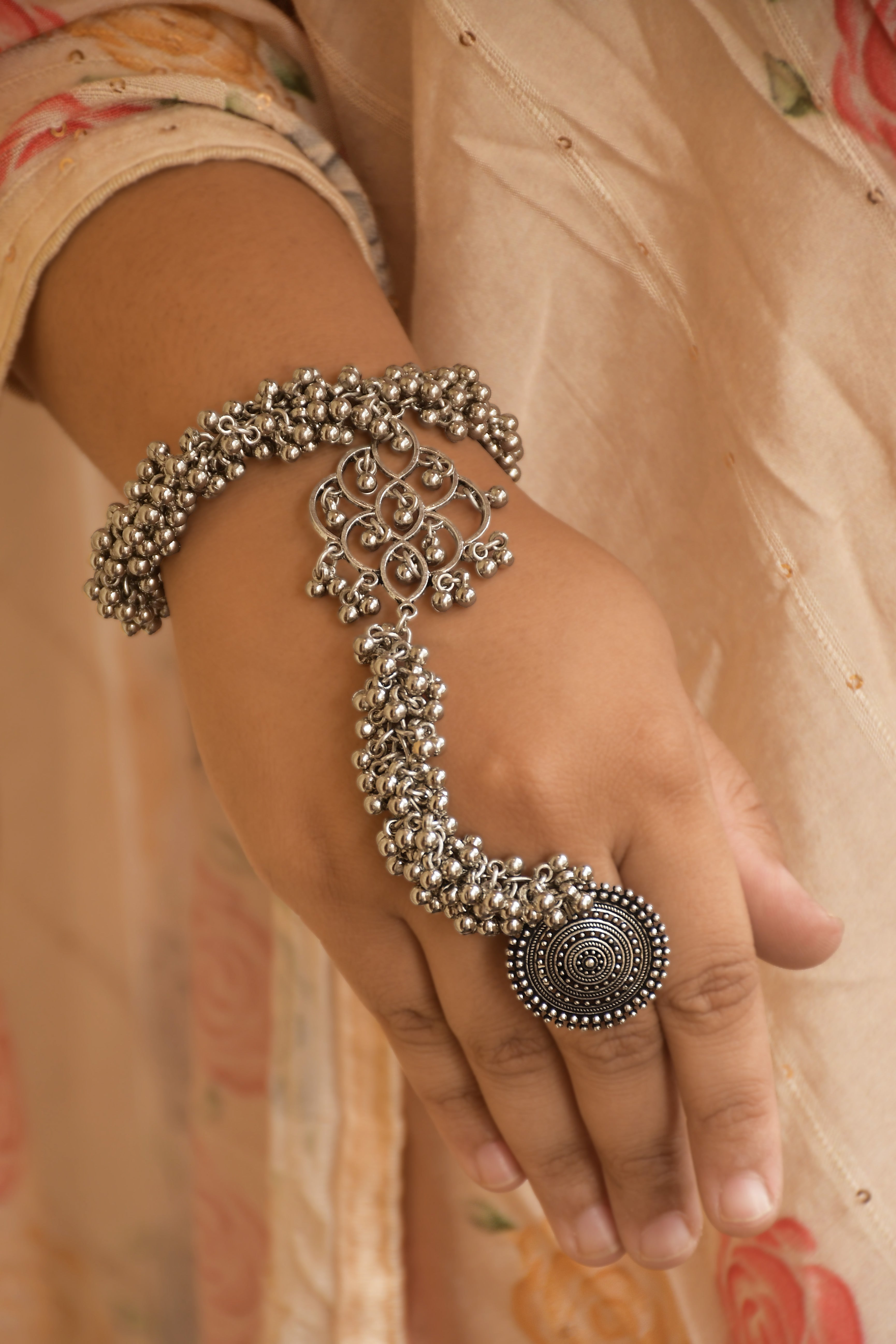 MEHAR OXIDISED SILVER GHUNGROO FINGER RING BRACELET KADA