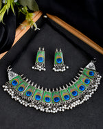 Load image into Gallery viewer, Oxidised Peacock Choker Pearl Neacklace Set