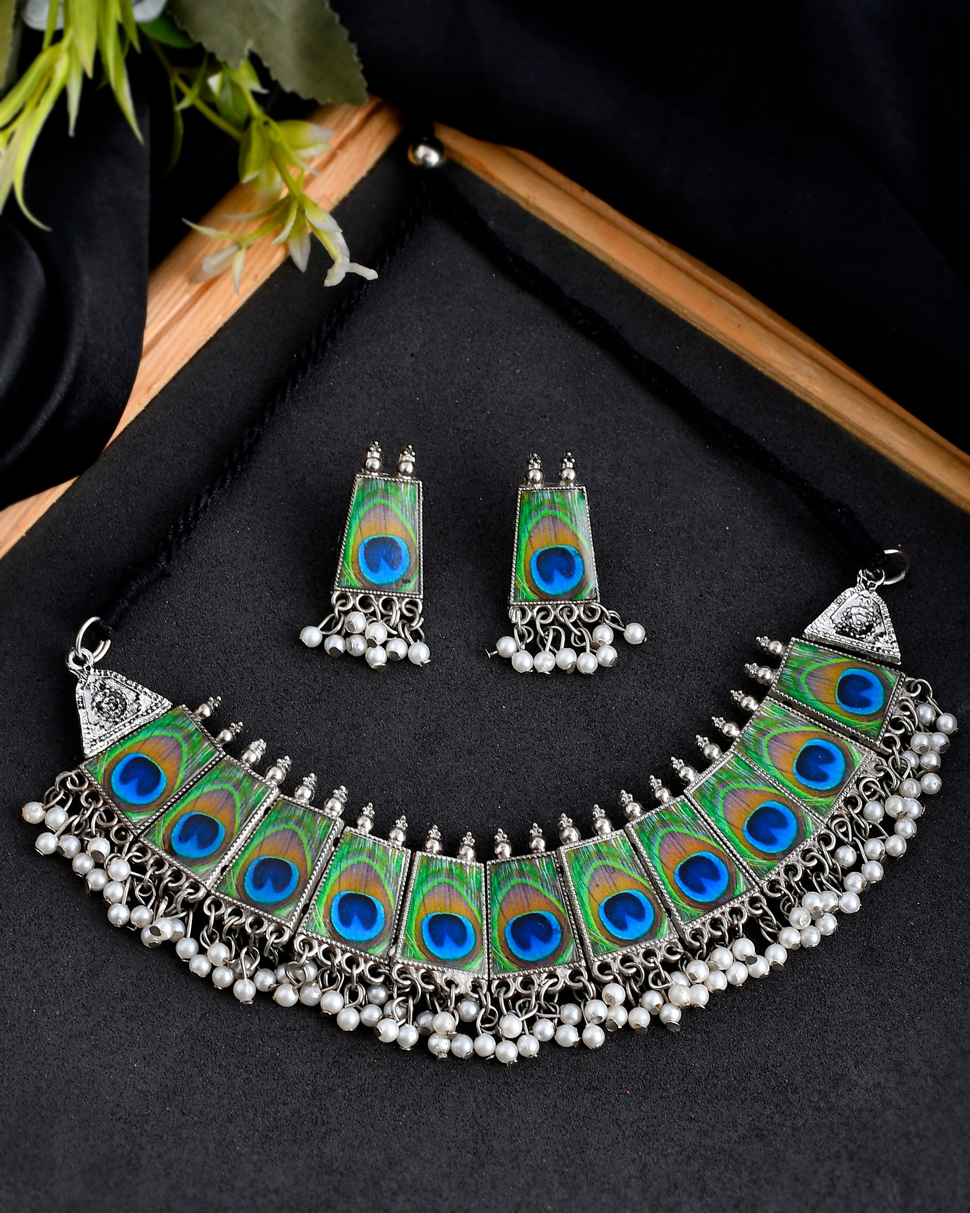 Oxidised Peacock Choker Pearl Neacklace Set