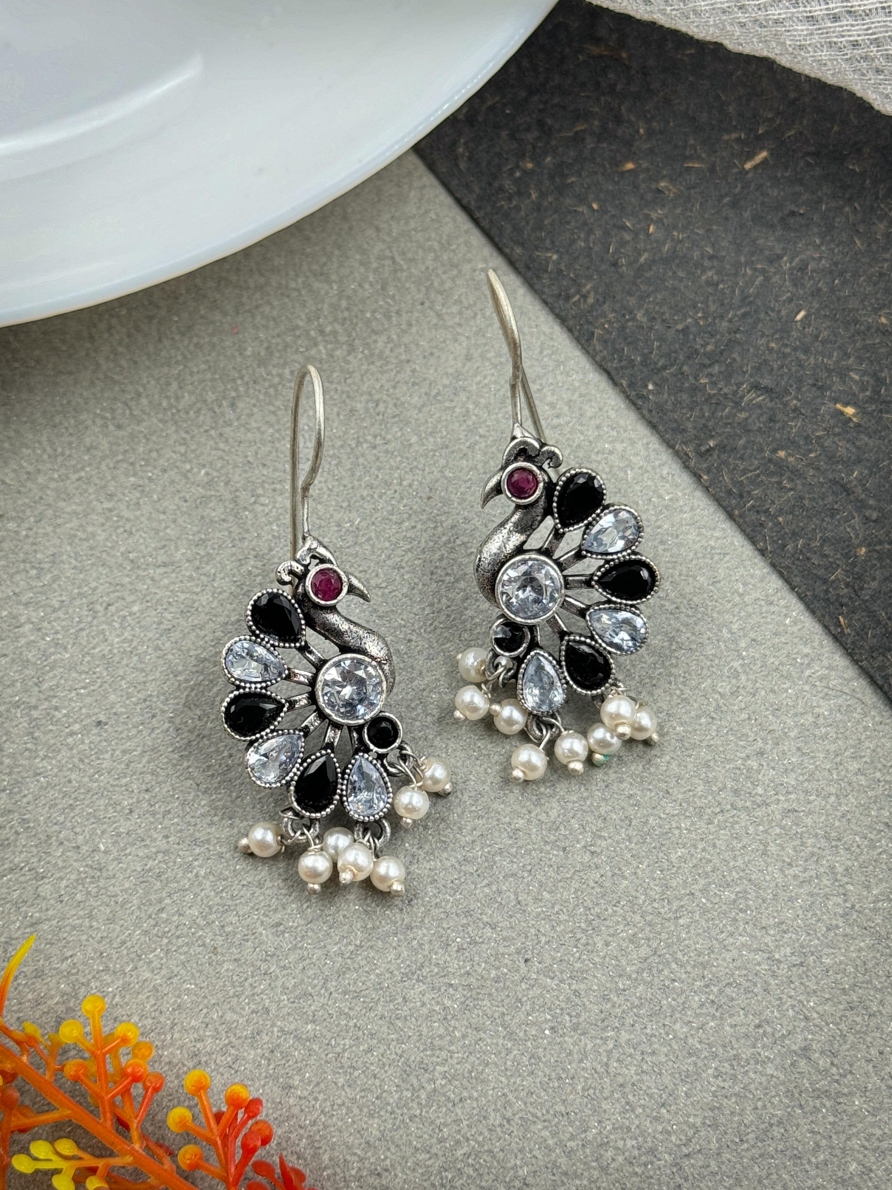 MAYURIKA OXIDISED SILVER STONE EARRINGS