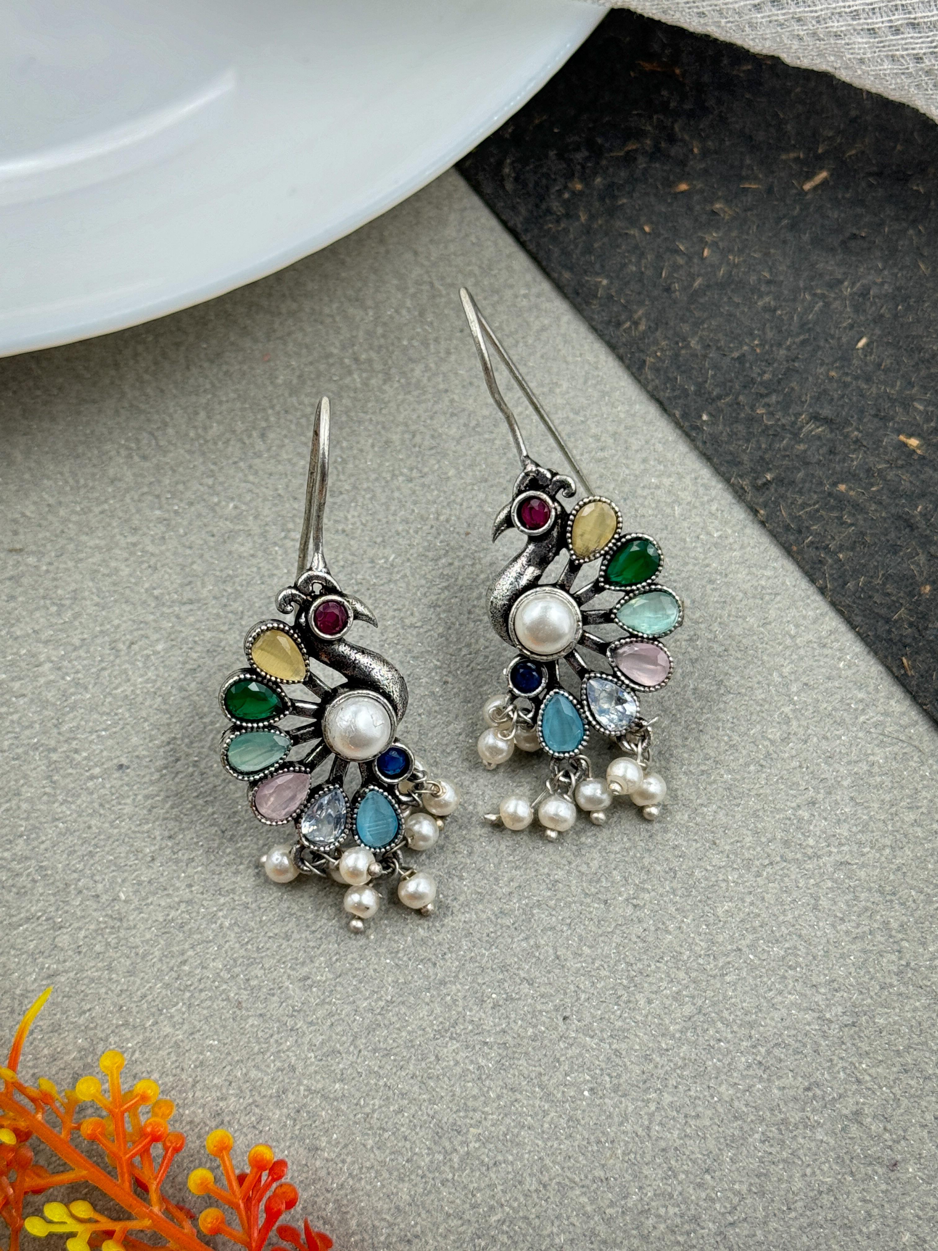 MAYURIKA OXIDISED SILVER STONE EARRINGS