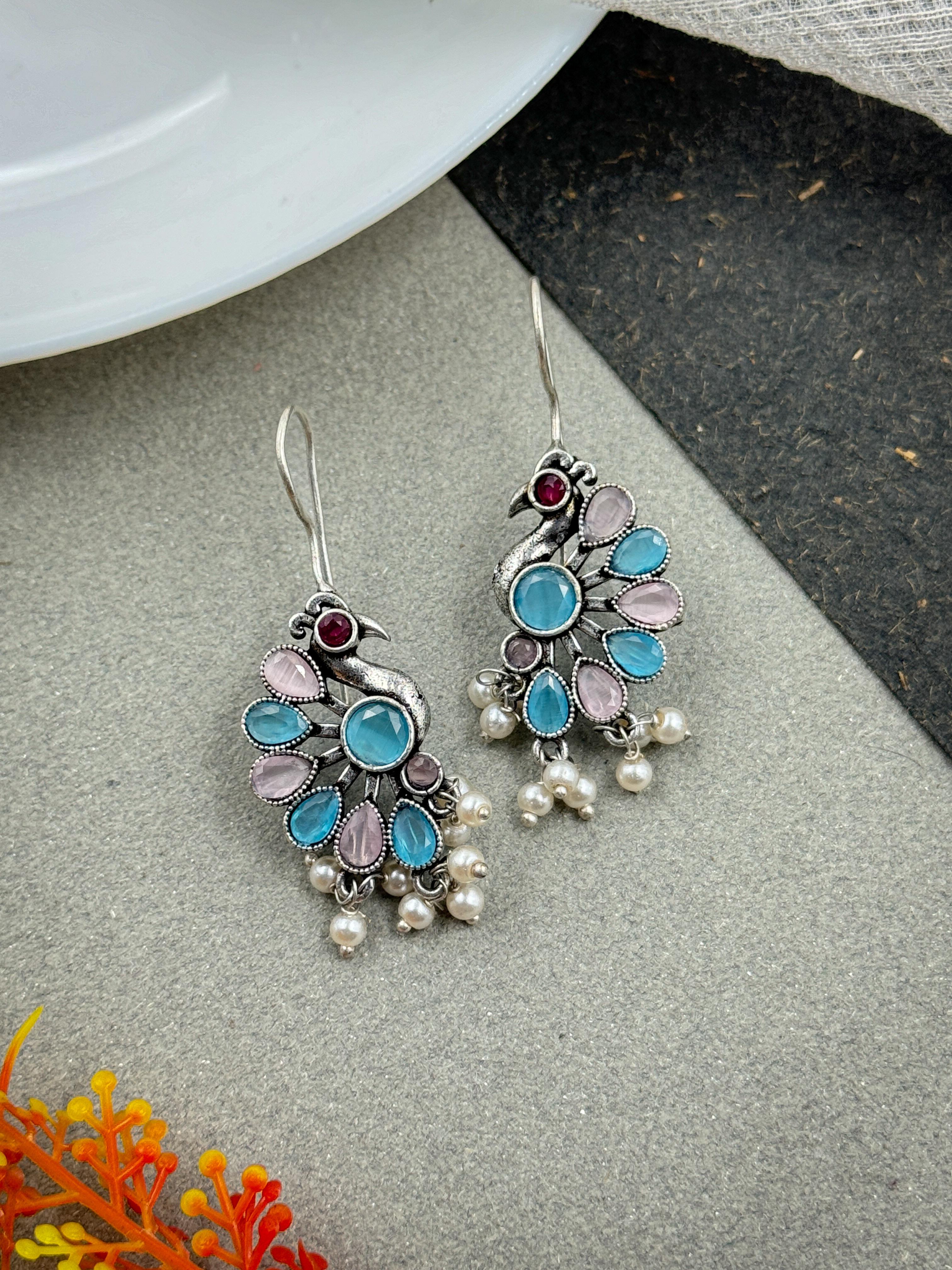 MAYURIKA OXIDISED SILVER STONE EARRINGS