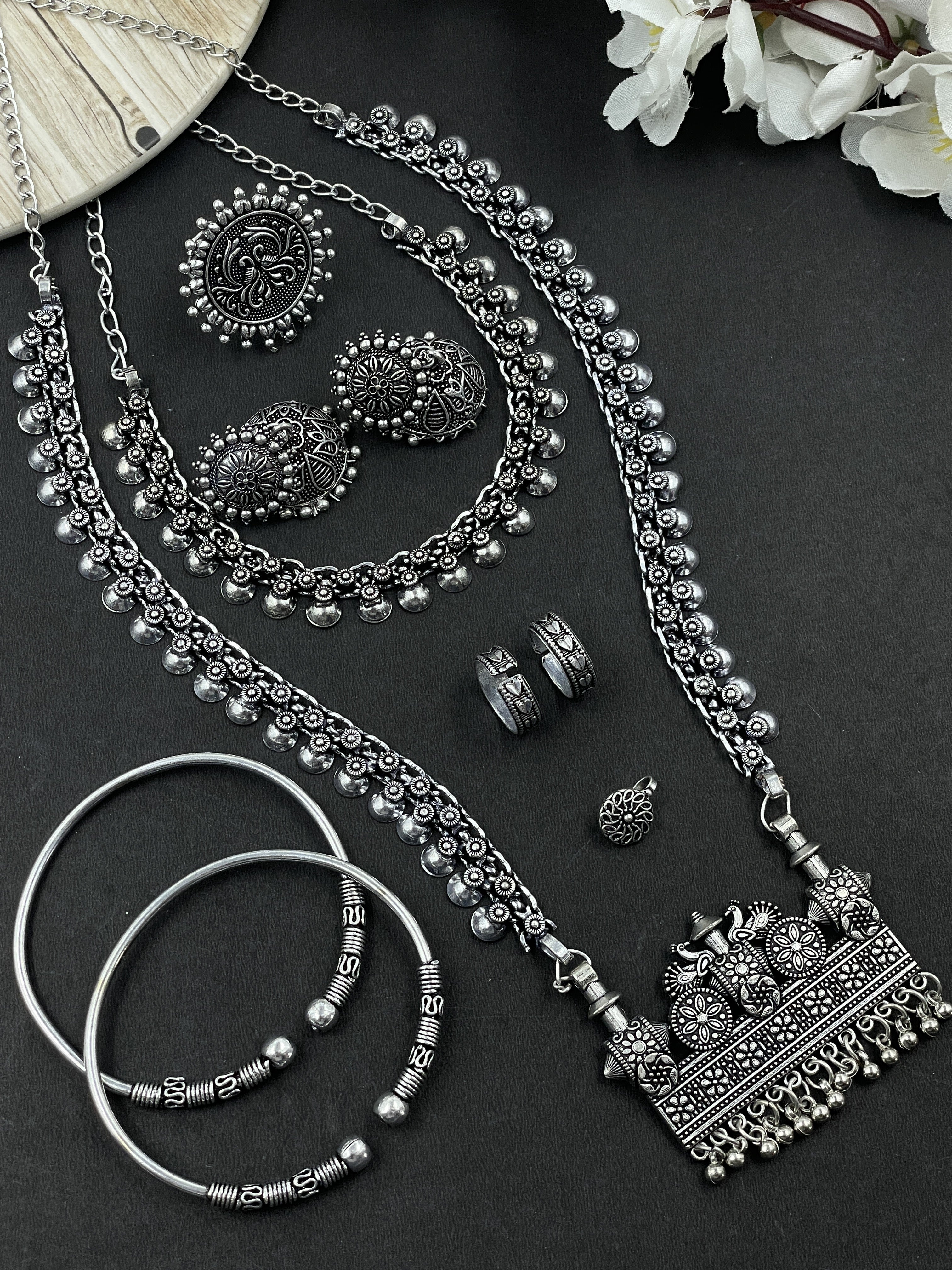 MUKTI OXIDISED SILVER PENDANT NECKLACE JEWELLERY SET COMBO